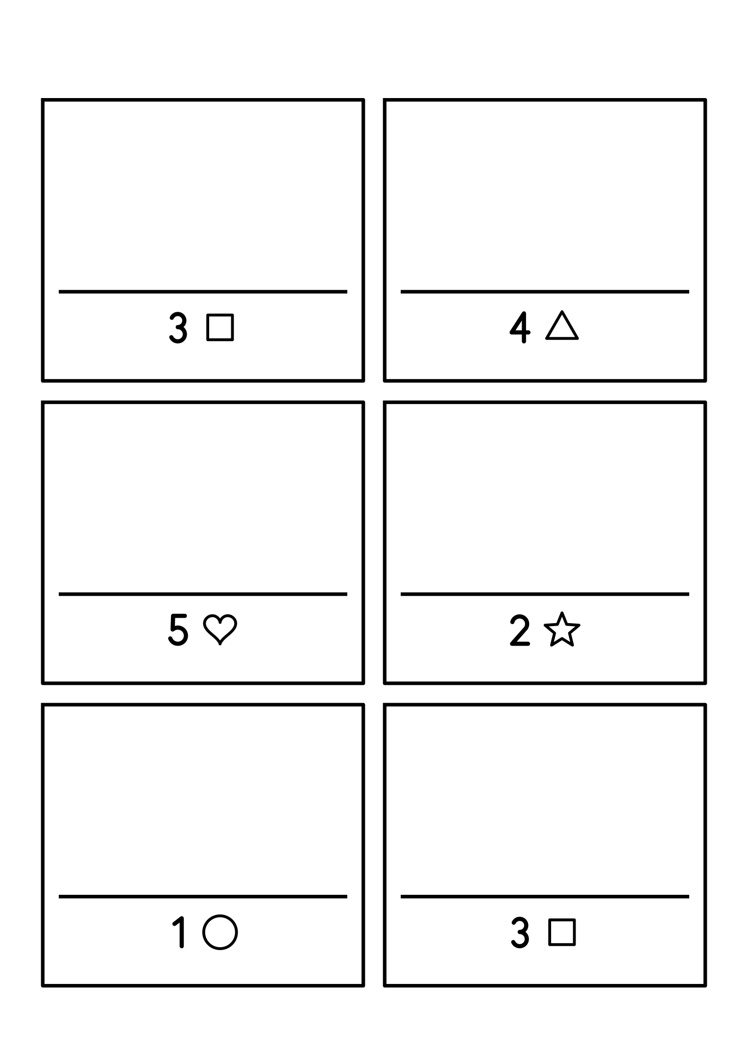 Drawing to 5: six small frames, each with a number and the shape to draw that many times. Sheet 15.