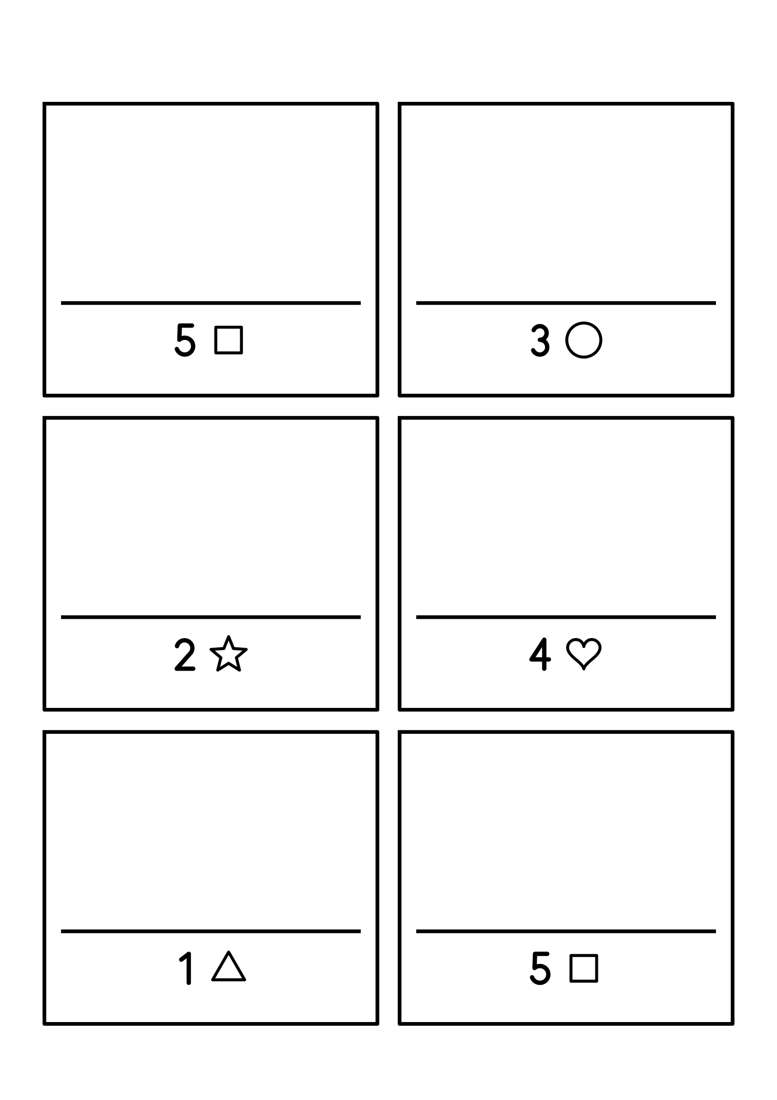 Drawing to 5: six small frames, each with a number and the shape to draw that many times. Sheet 16.