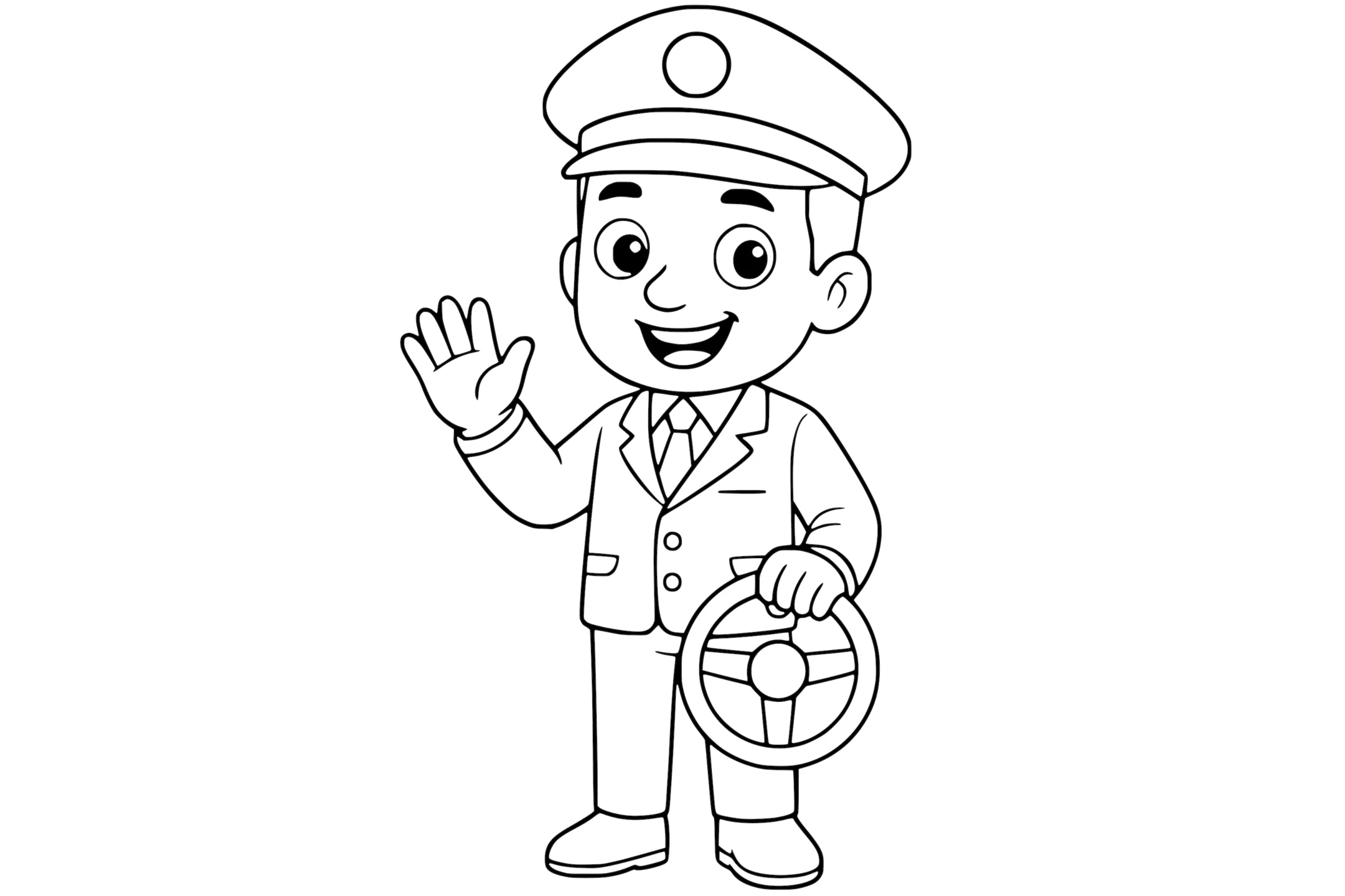 Driver smiling and waving, wearing a cap and uniform, holding a steering wheel in one hand.