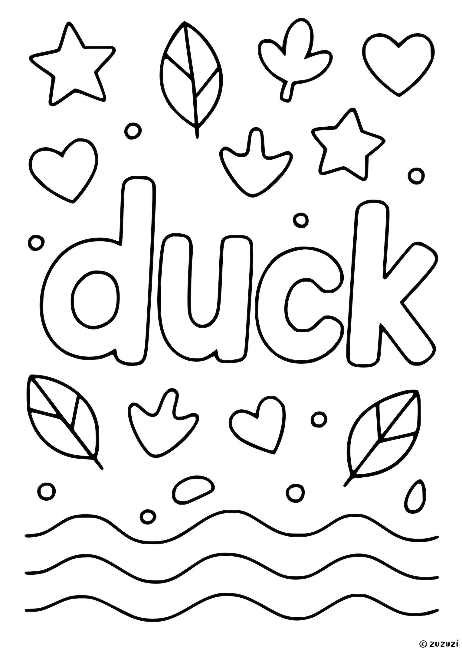 Coloring page of the word Duck in bubble letters, surrounded by hearts, leaves, stars, duck footprints, and wavy water lines.
