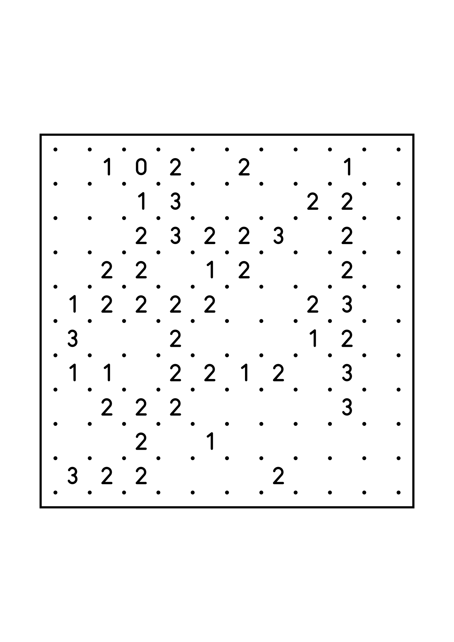 Easy 10x10 slitherlink, with numbers that count their way to the loop, one large grid on the page. Level: Easy. Variant 1.