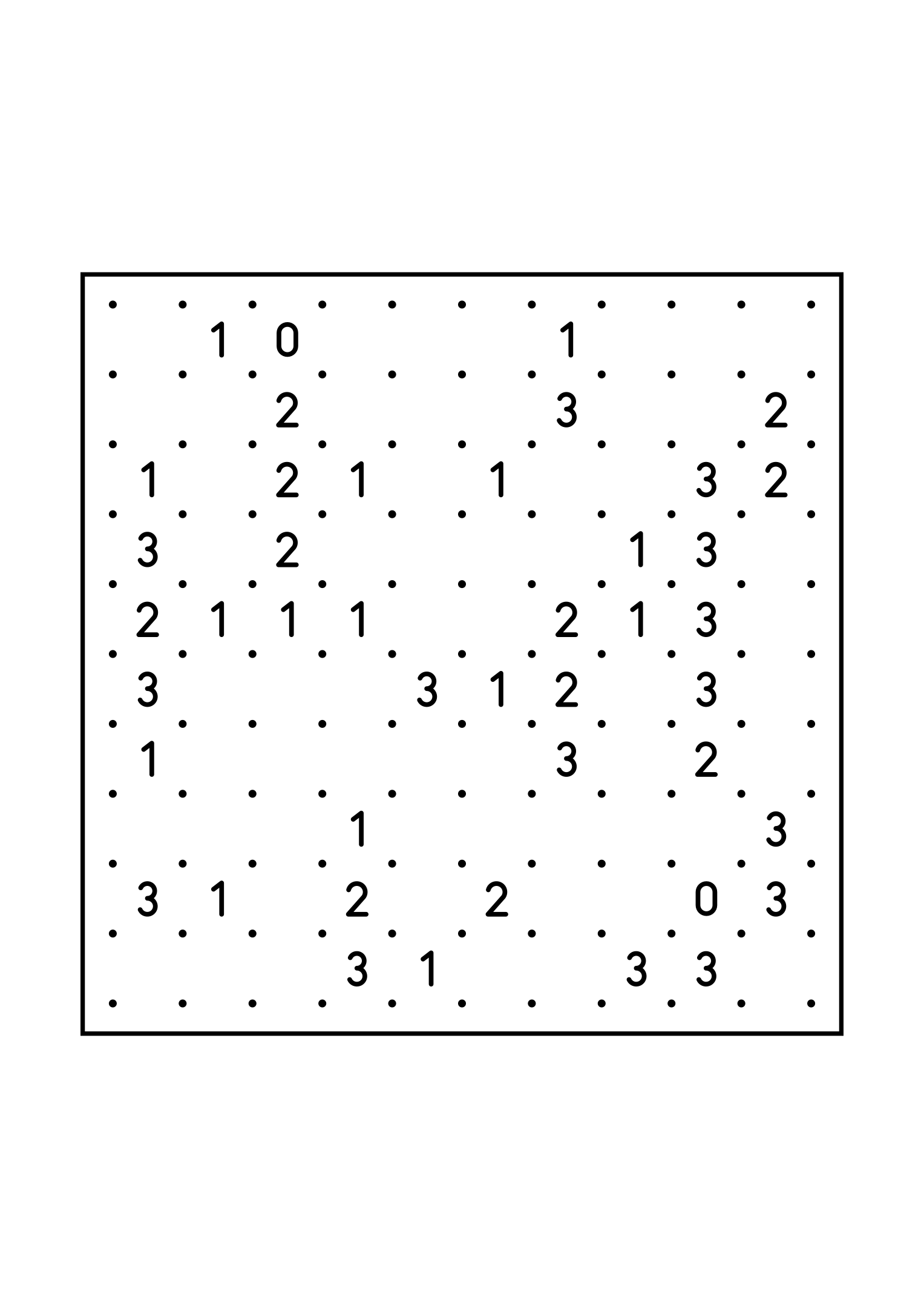 Easy 10x10 slitherlink, with numbers that count their way to the loop, one large grid on the page. Level: Easy. Variant 2.