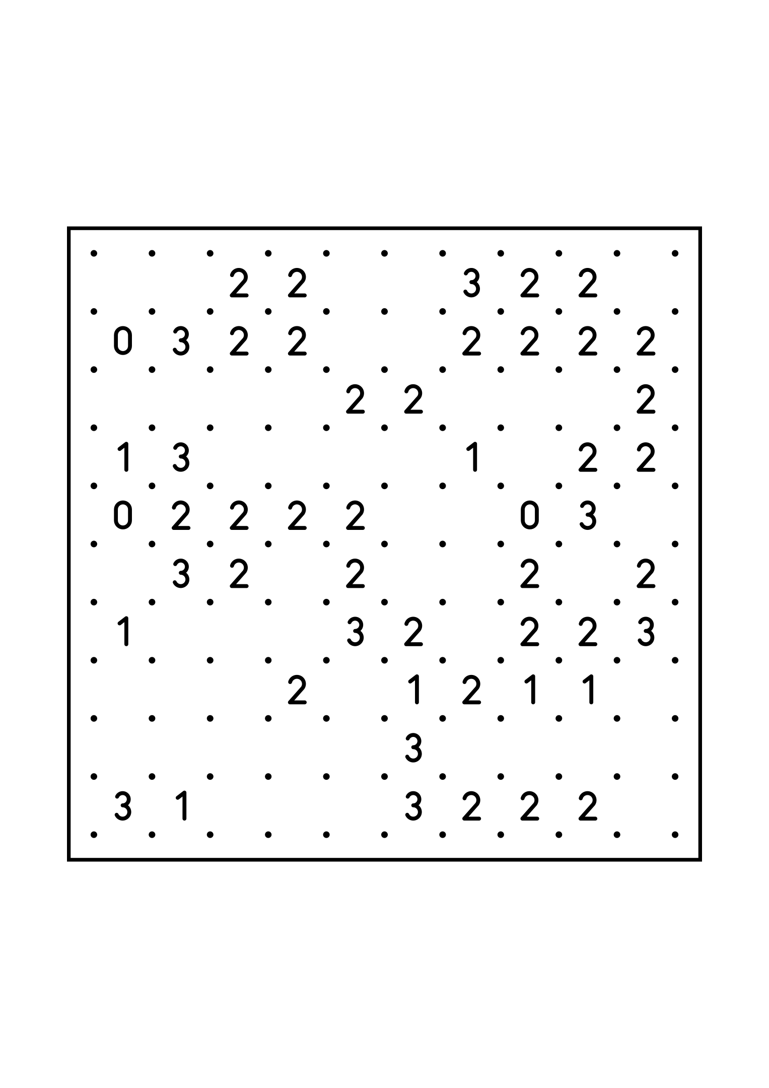 Easy 10x10 slitherlink, with numbers that count their way to the loop, one large grid on the page. Level: Easy. Variant 4.