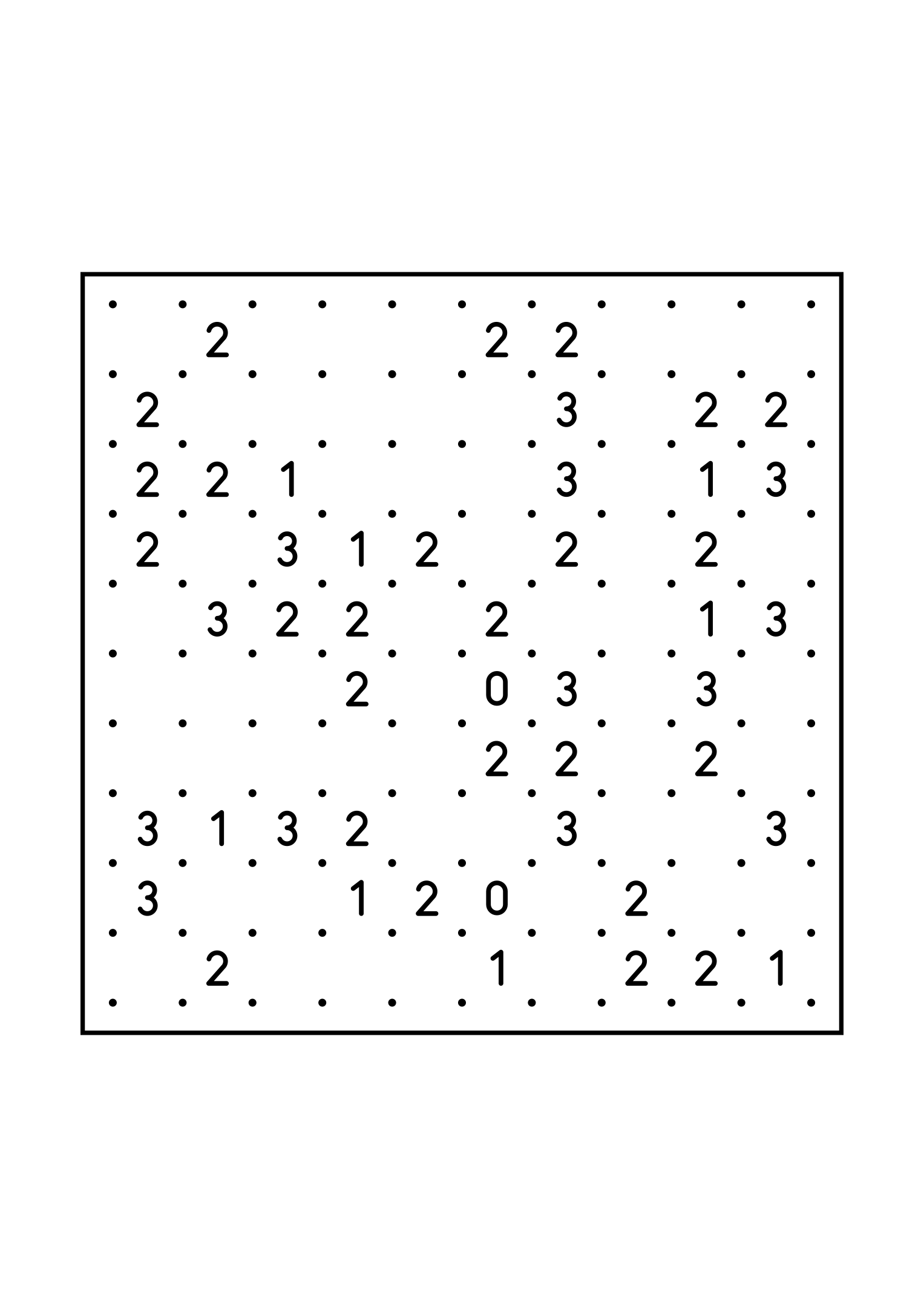 Easy 10x10 slitherlink, with numbers that count their way to the loop, one large grid on the page. Level: Easy. Variant 6.