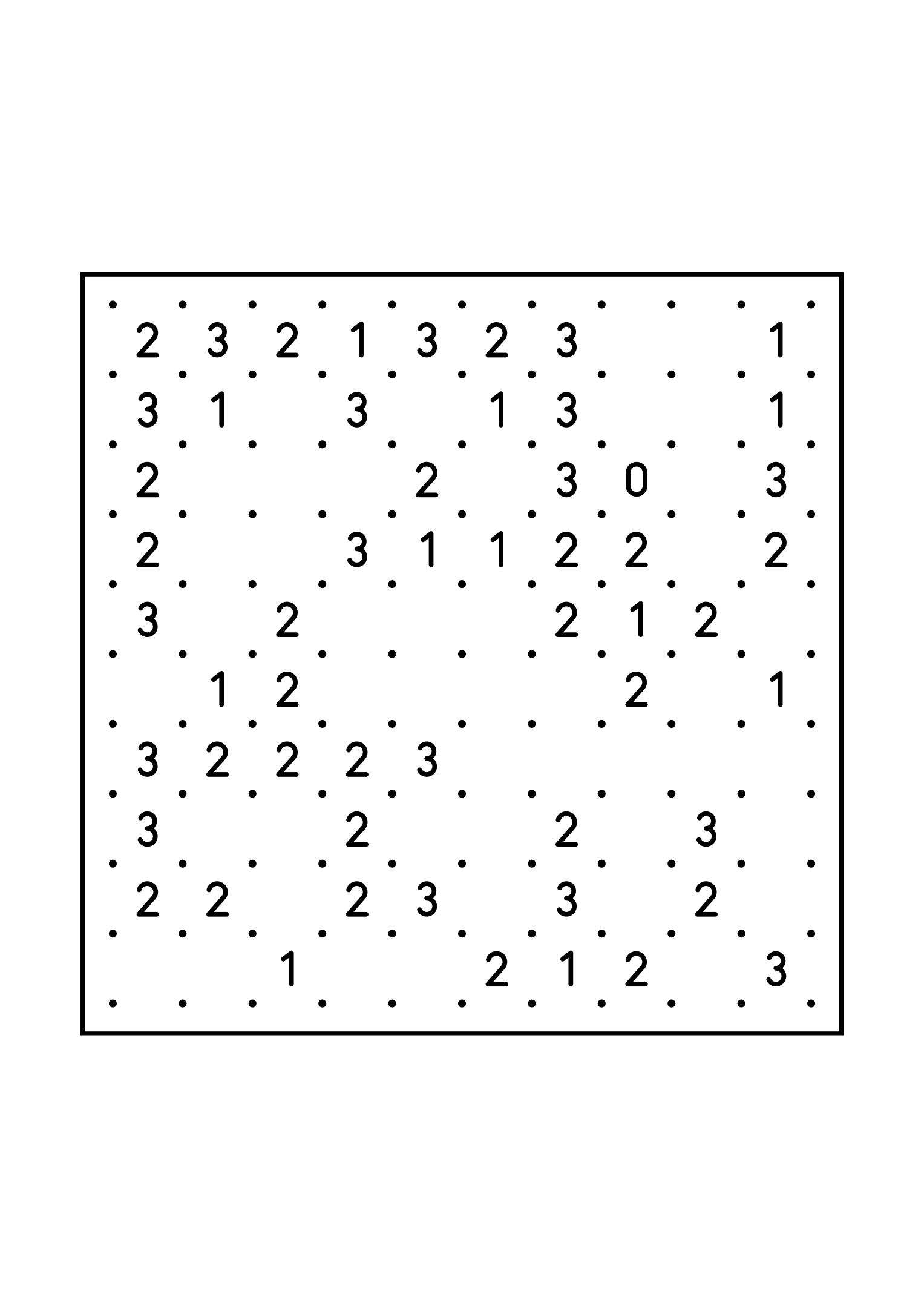 Easy 10x10 slitherlink, with numbers that count their way to the loop, one large grid on the page. Level: Easy. Variant 7.