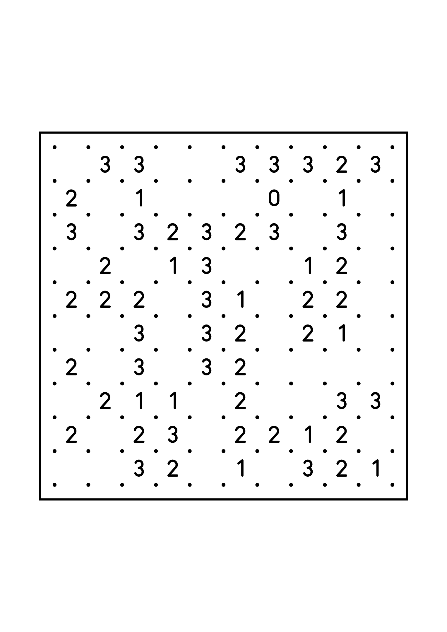 Easy 10x10 slitherlink, with numbers that count their way to the loop, one large grid on the page. Level: Easy. Variant 8.