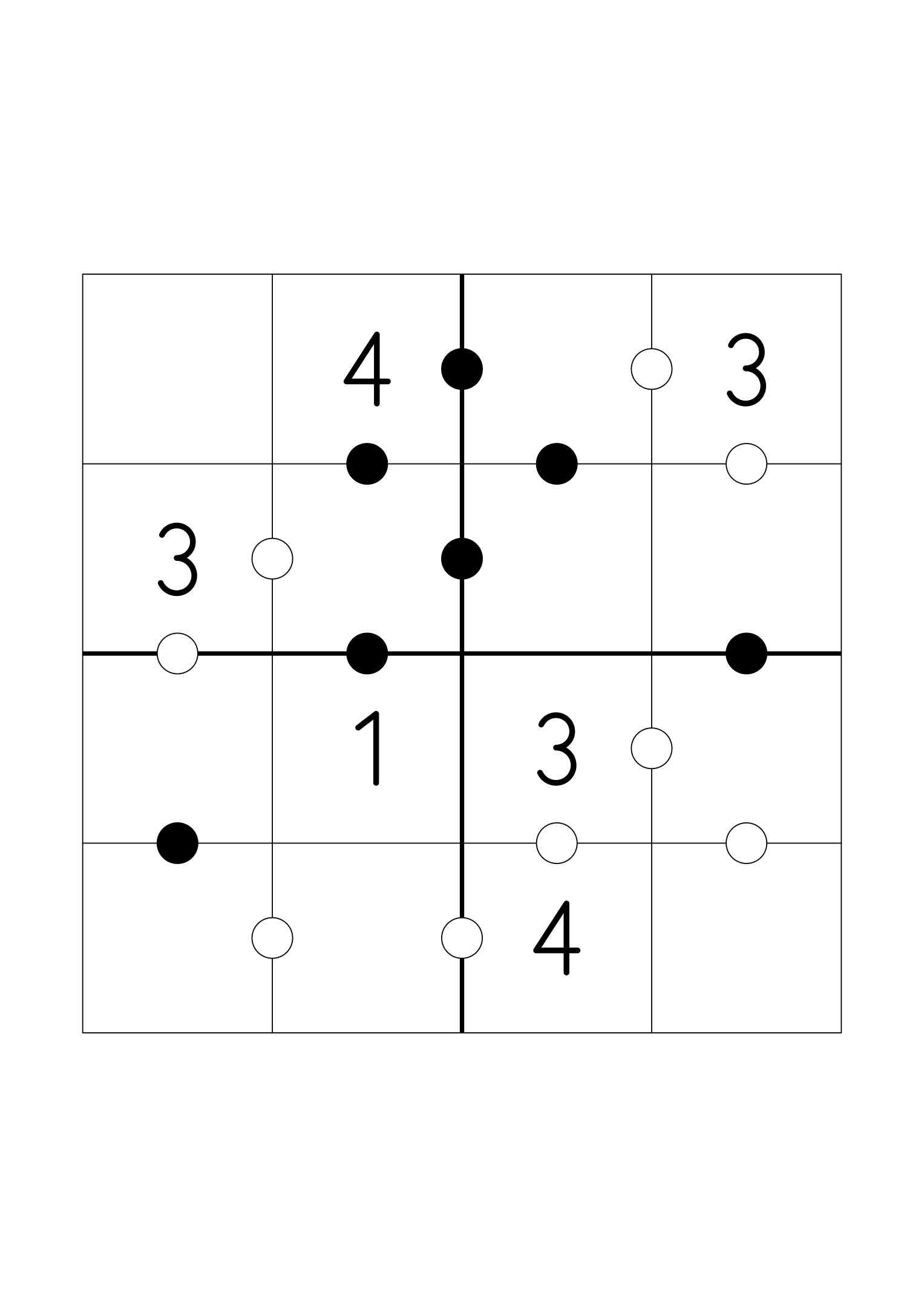 Easy 4x4 Kropki on its own page: six digits given, the rest found from the dots. Variant 1.