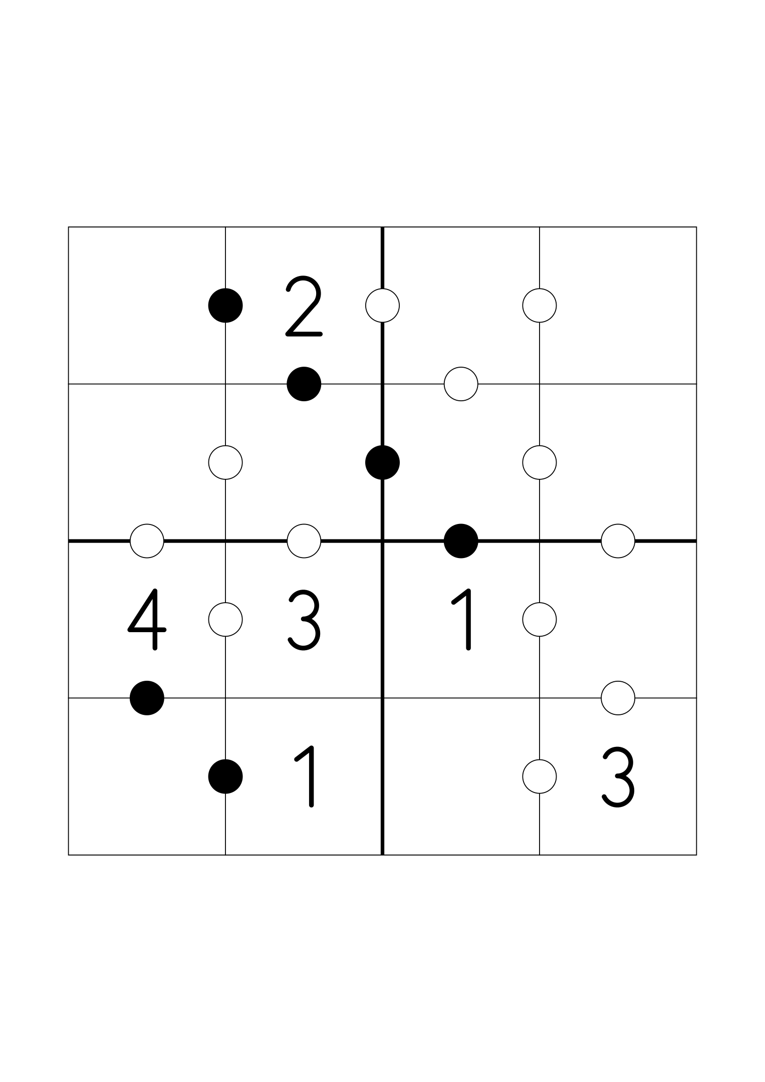 Easy 4x4 Kropki on its own page: six digits given, the rest found from the dots. Variant 2.