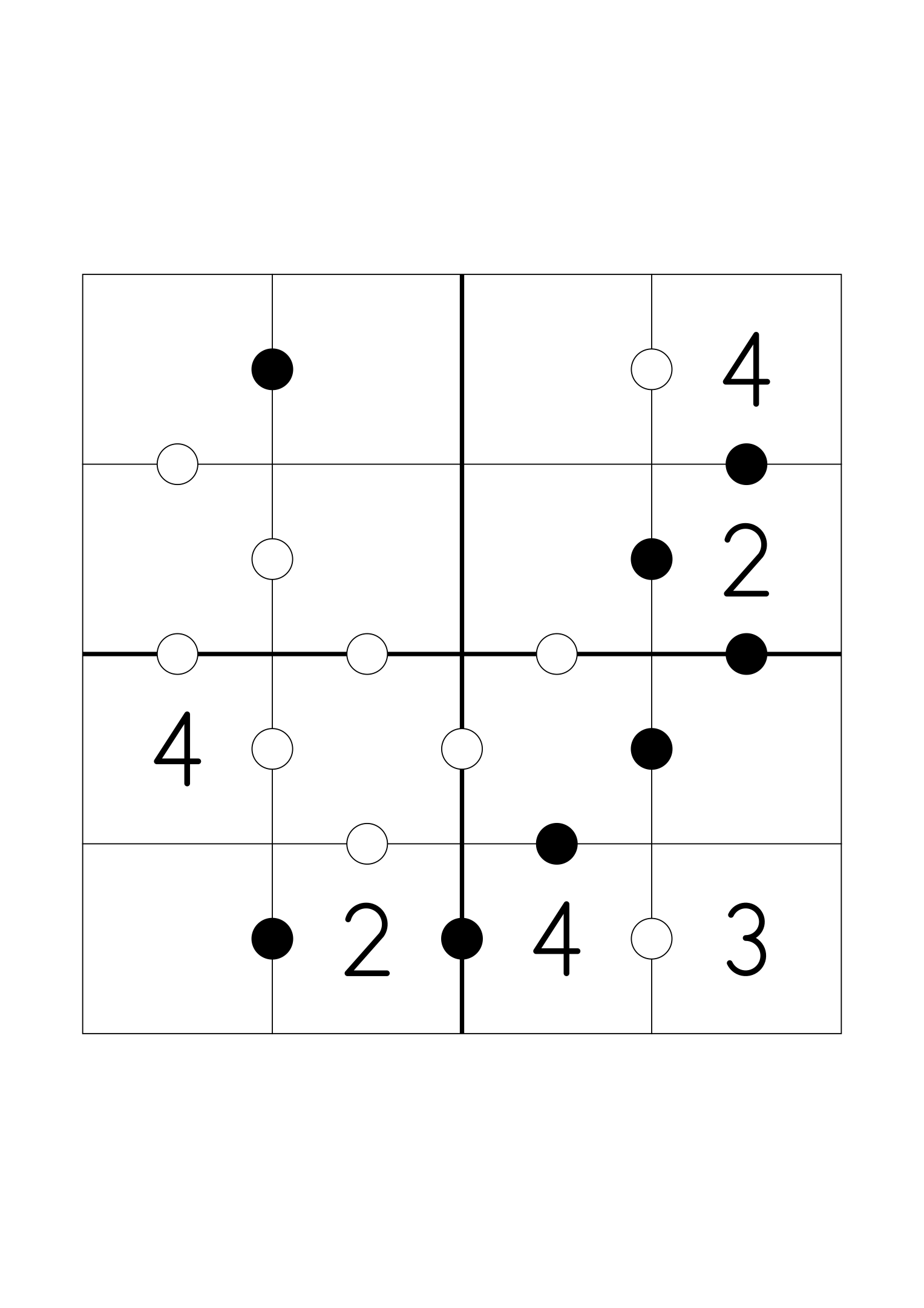 Easy 4x4 Kropki on its own page: six digits given, the rest found from the dots. Variant 4.