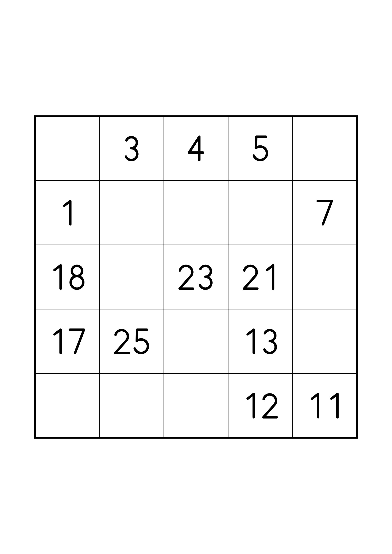Easy 5x5 Hidoku, one grid on the page: 13 numbers given to start the chain to 25. Variant 1.