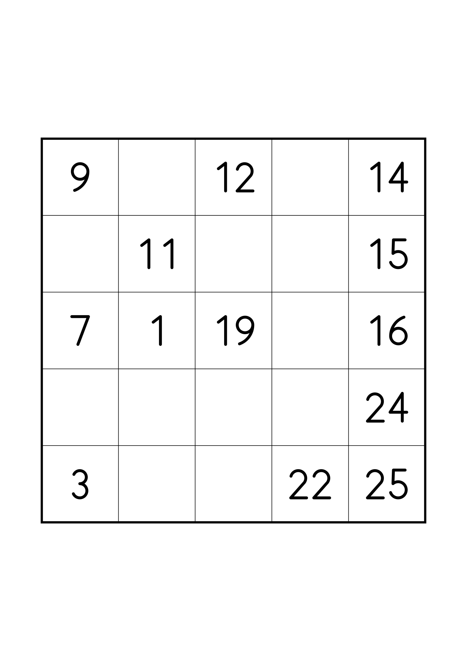 Easy 5x5 Hidoku, one grid on the page: 13 numbers given to start the chain to 25. Variant 2.