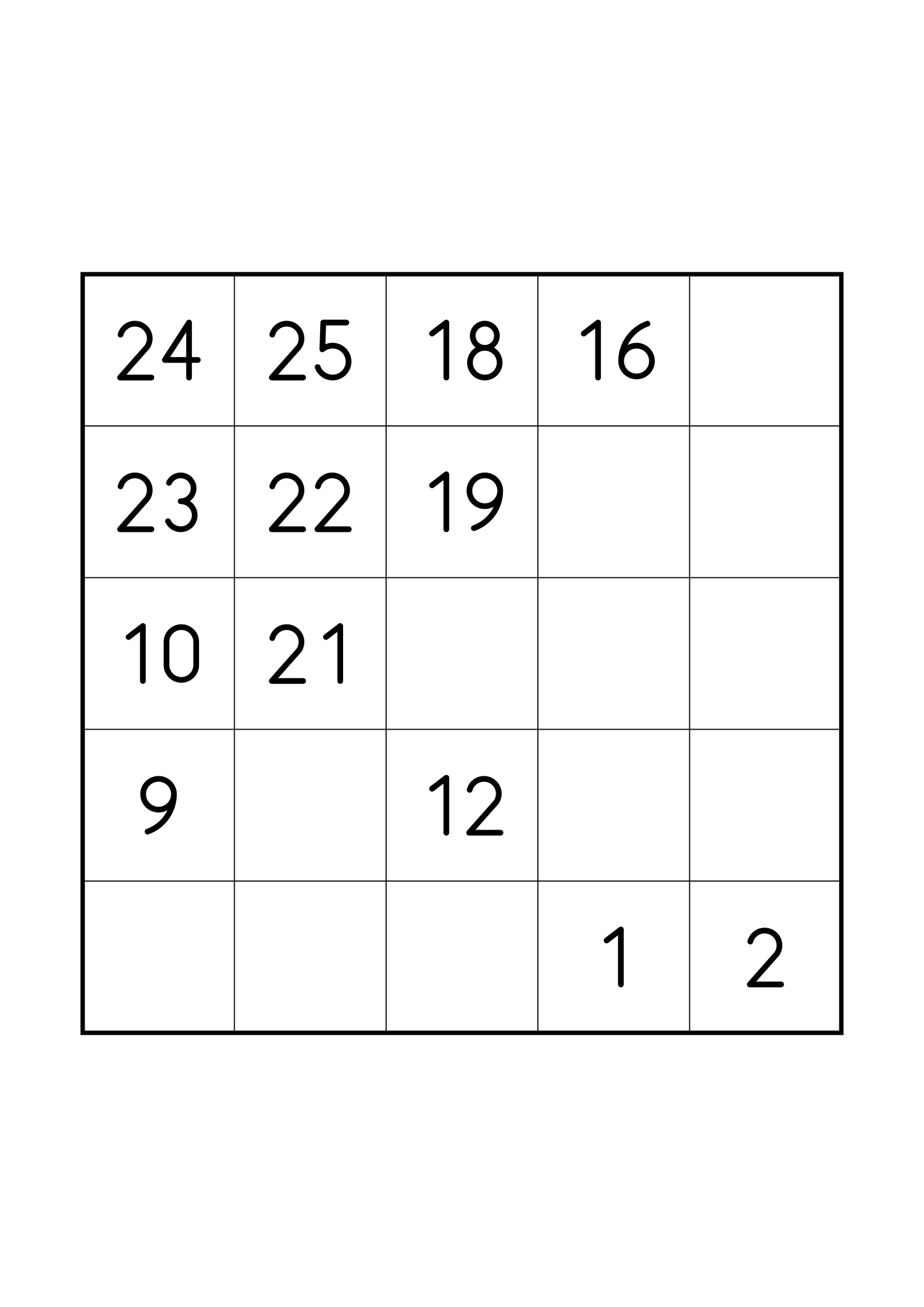 Easy 5x5 Hidoku, one grid on the page: 13 numbers given to start the chain to 25. Variant 3.