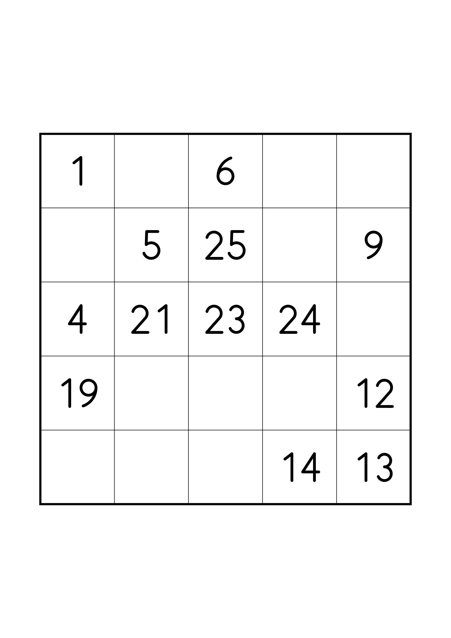 Easy 5x5 Hidoku, one grid on the page: 13 numbers given to start the chain to 25. Variant 4.