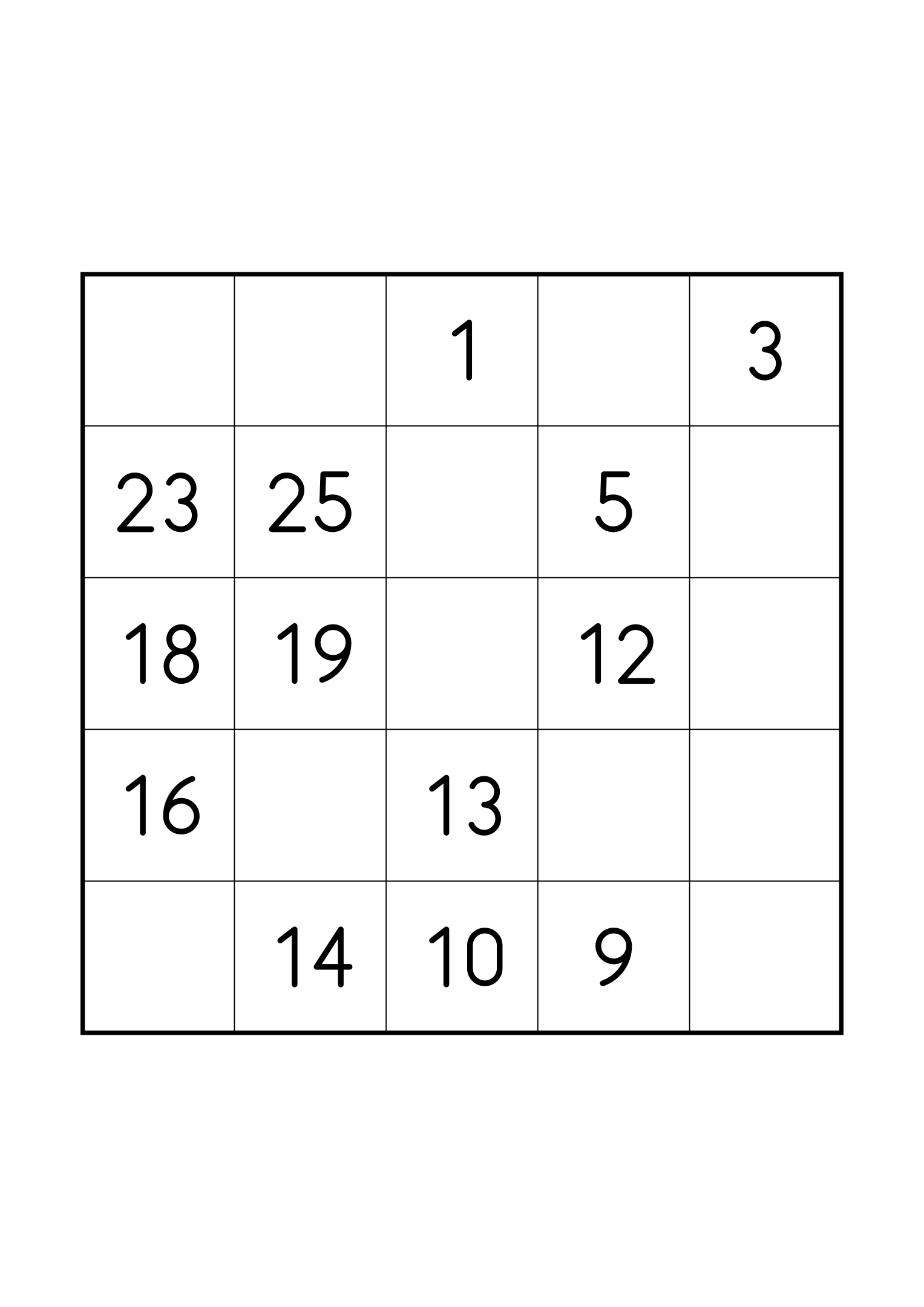 Easy 5x5 Hidoku, one grid on the page: 13 numbers given to start the chain to 25. Variant 5.