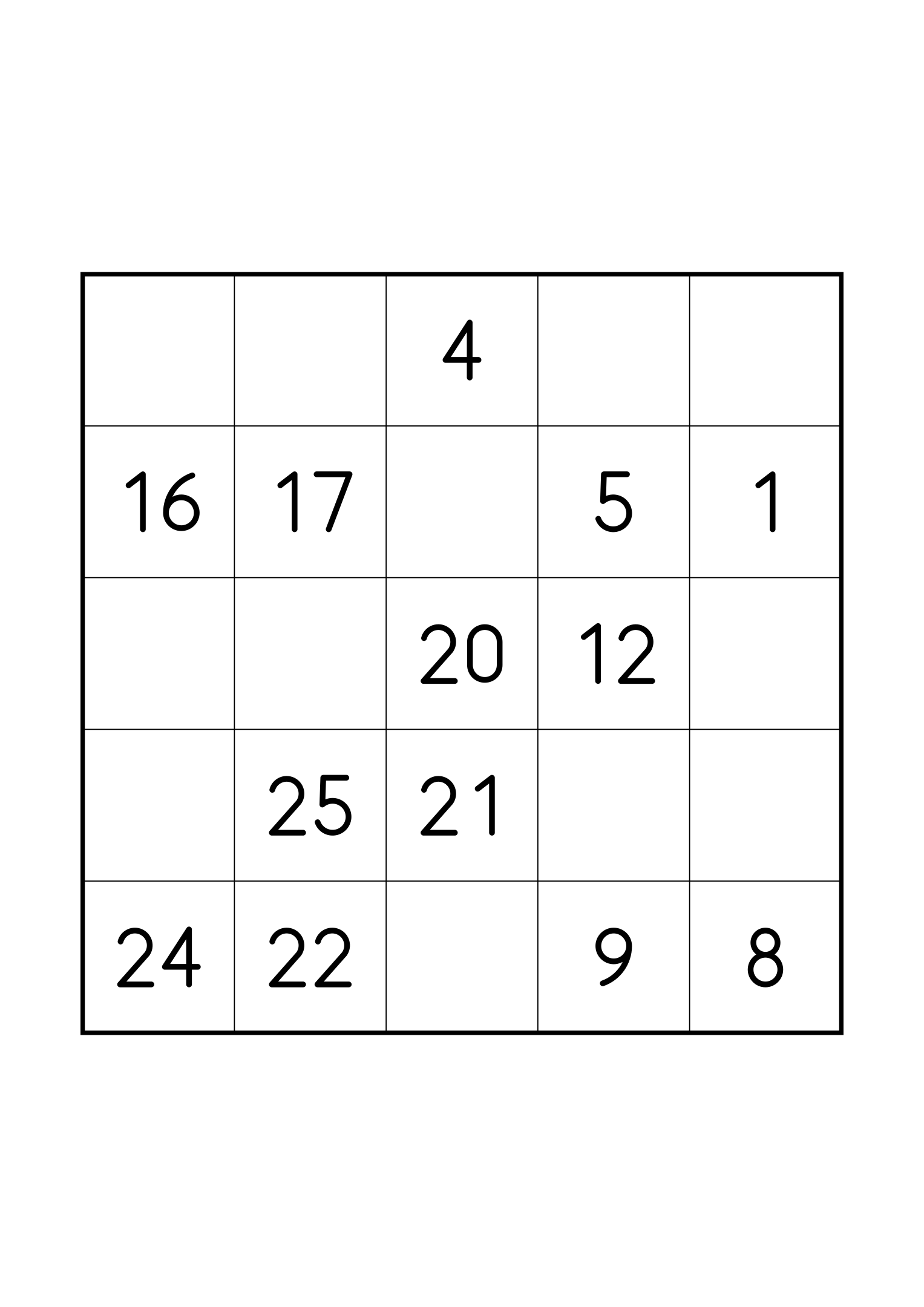 Easy 5x5 Hidoku, one grid on the page: 13 numbers given to start the chain to 25. Variant 6.