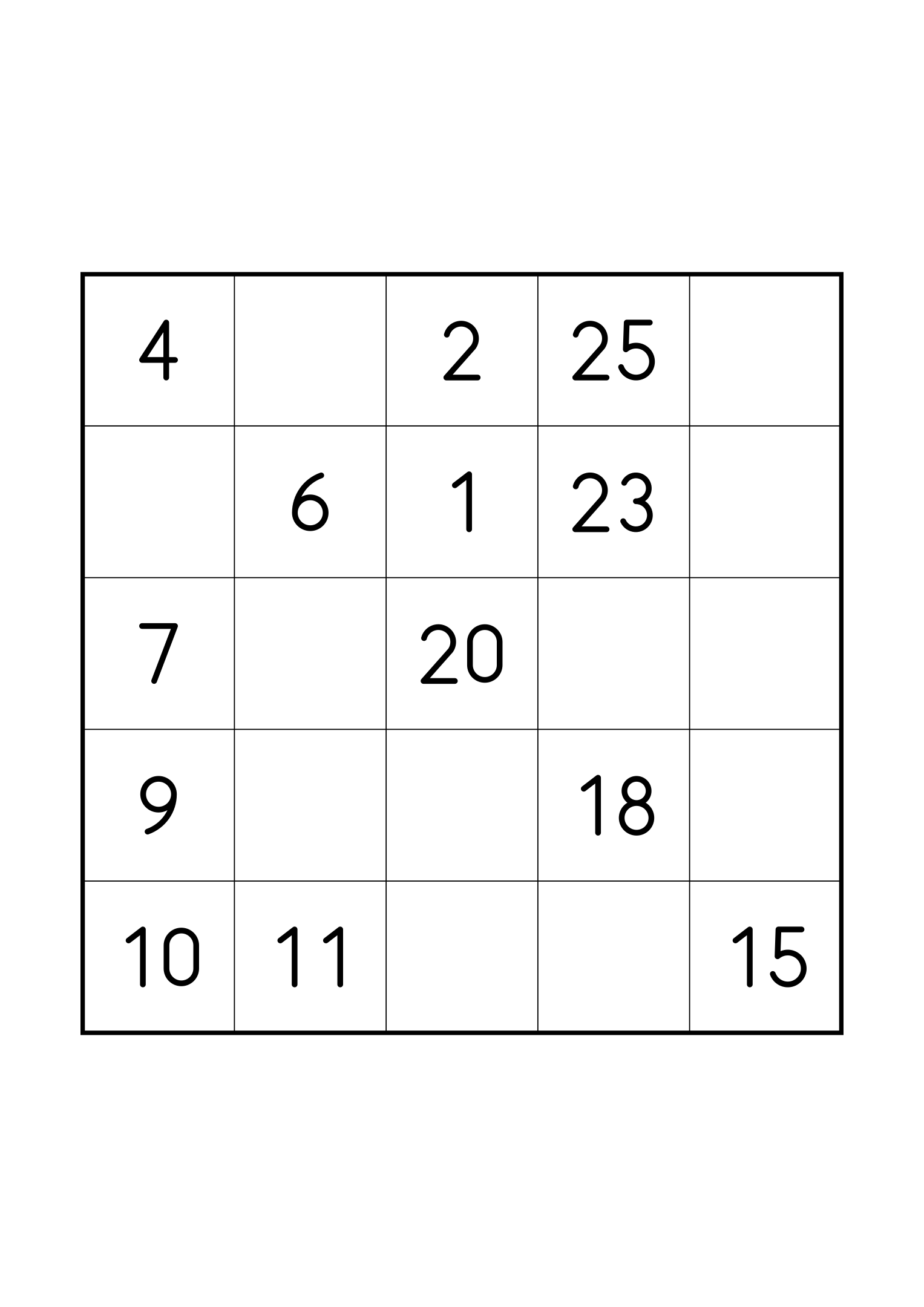 Easy 5x5 Hidoku, one grid on the page: 13 numbers given to start the chain to 25. Variant 7.