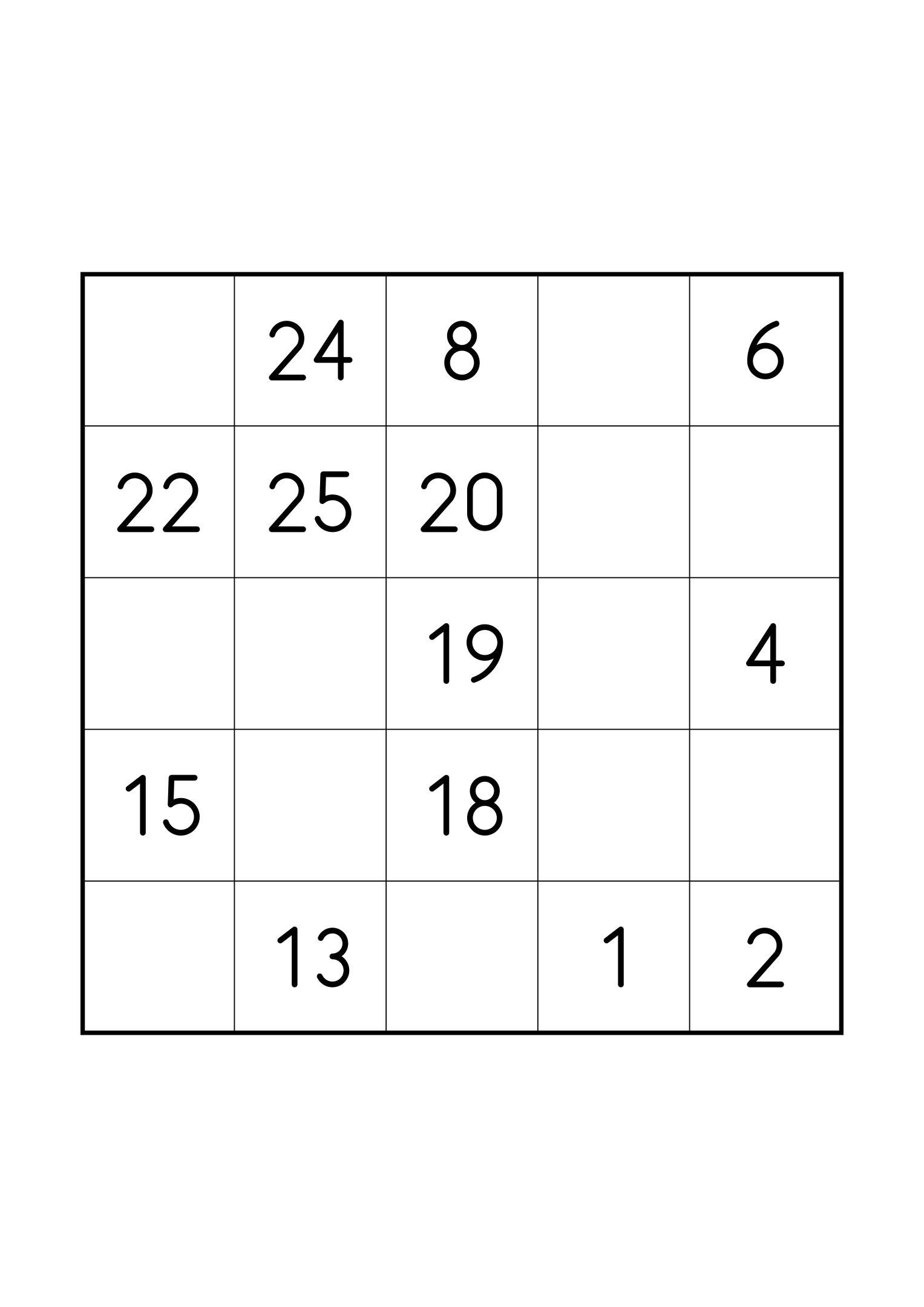 Easy 5x5 Hidoku, one grid on the page: 13 numbers given to start the chain to 25. Variant 8.