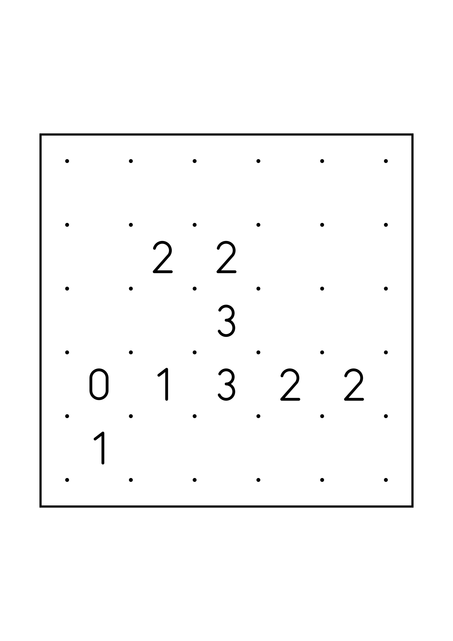 Easy 5x5 slitherlink, with numbers that count their way to the loop, one large grid on the page. Level: Easy. Variant 6.