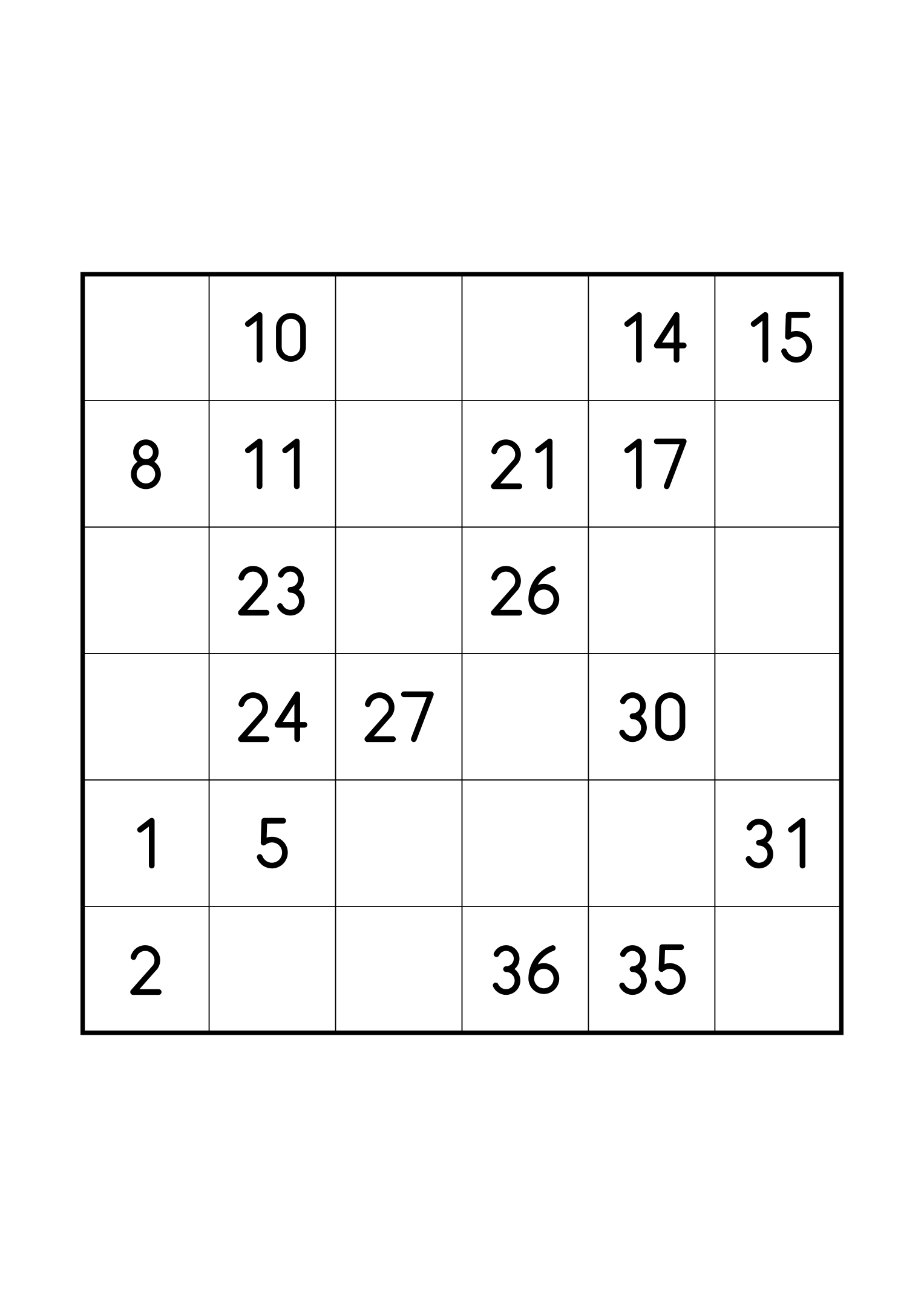 Easy 6x6 Hidoku on its own page: 18 of the 36 numbers given. Variant 1.