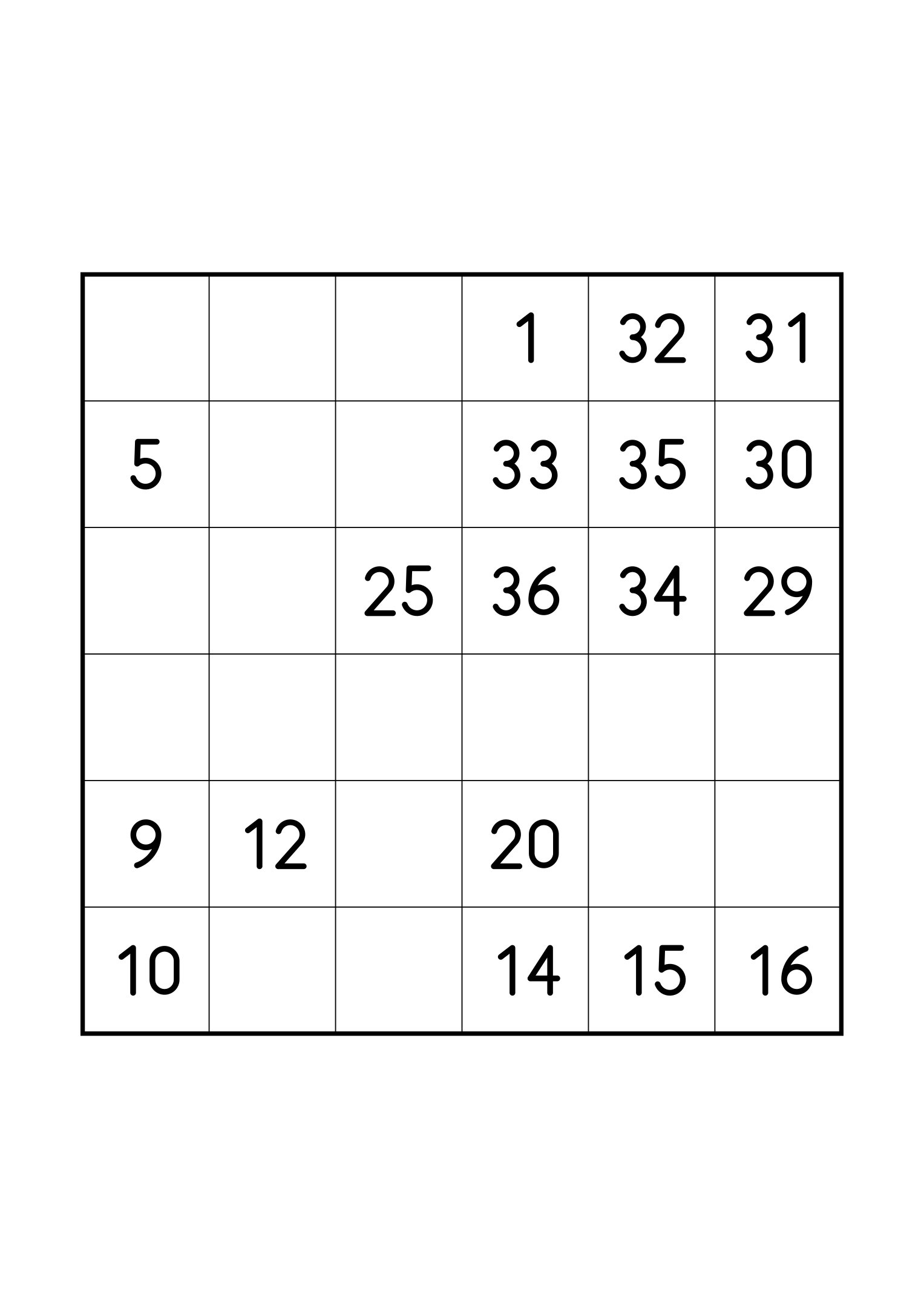 Easy 6x6 Hidoku on its own page: 18 of the 36 numbers given. Variant 2.