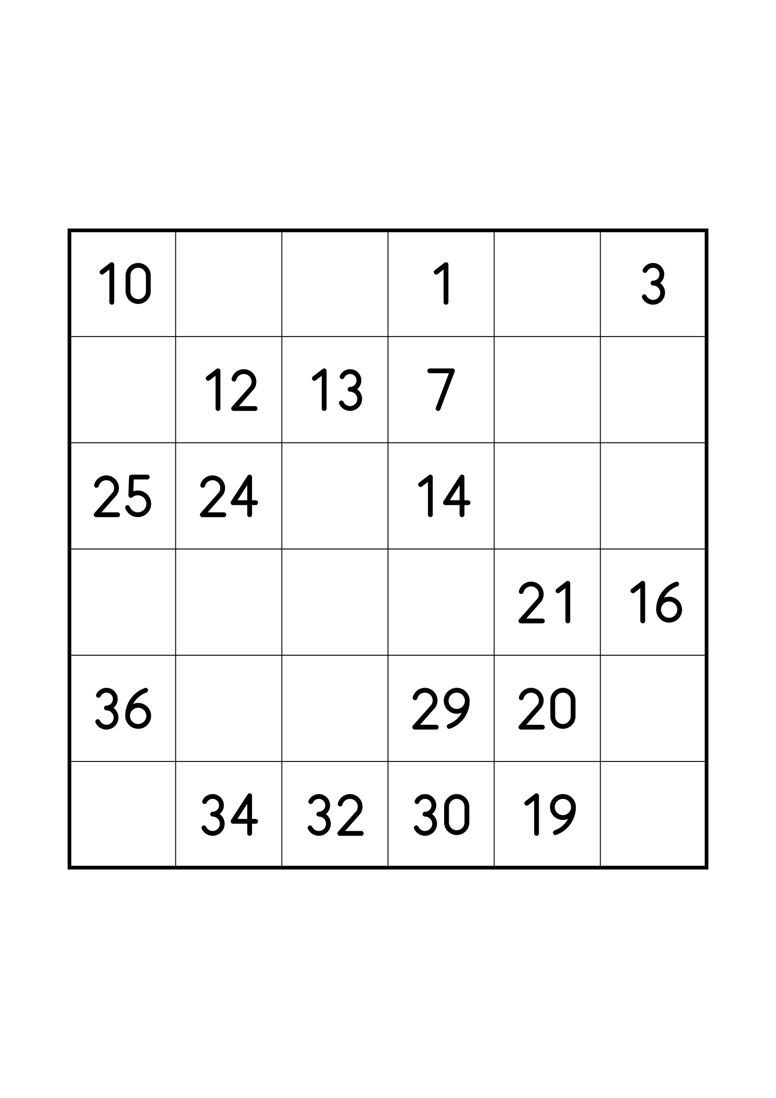Easy 6x6 Hidoku on its own page: 18 of the 36 numbers given. Variant 3.
