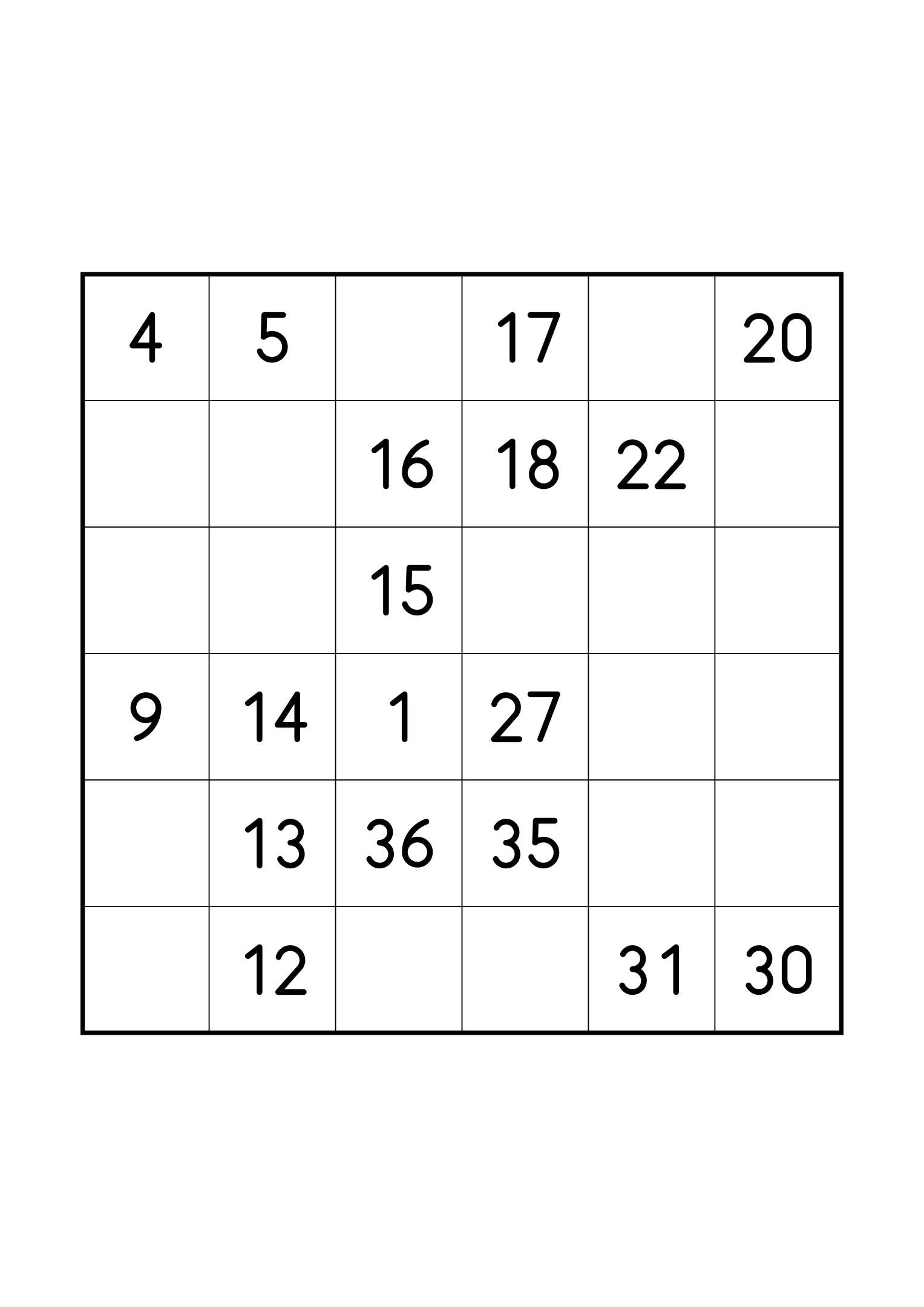 Easy 6x6 Hidoku on its own page: 18 of the 36 numbers given. Variant 4.