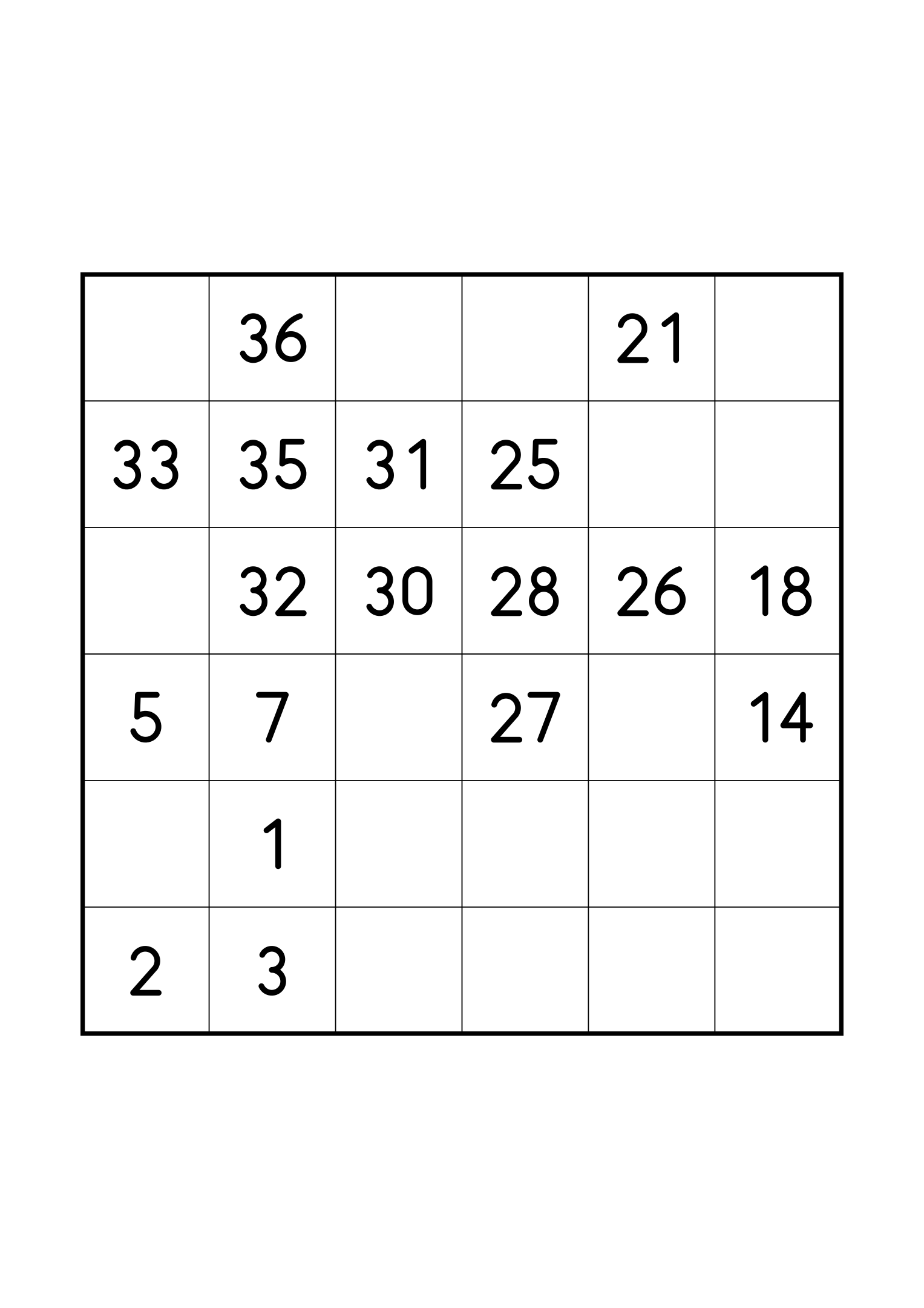 Easy 6x6 Hidoku on its own page: 18 of the 36 numbers given. Variant 5.