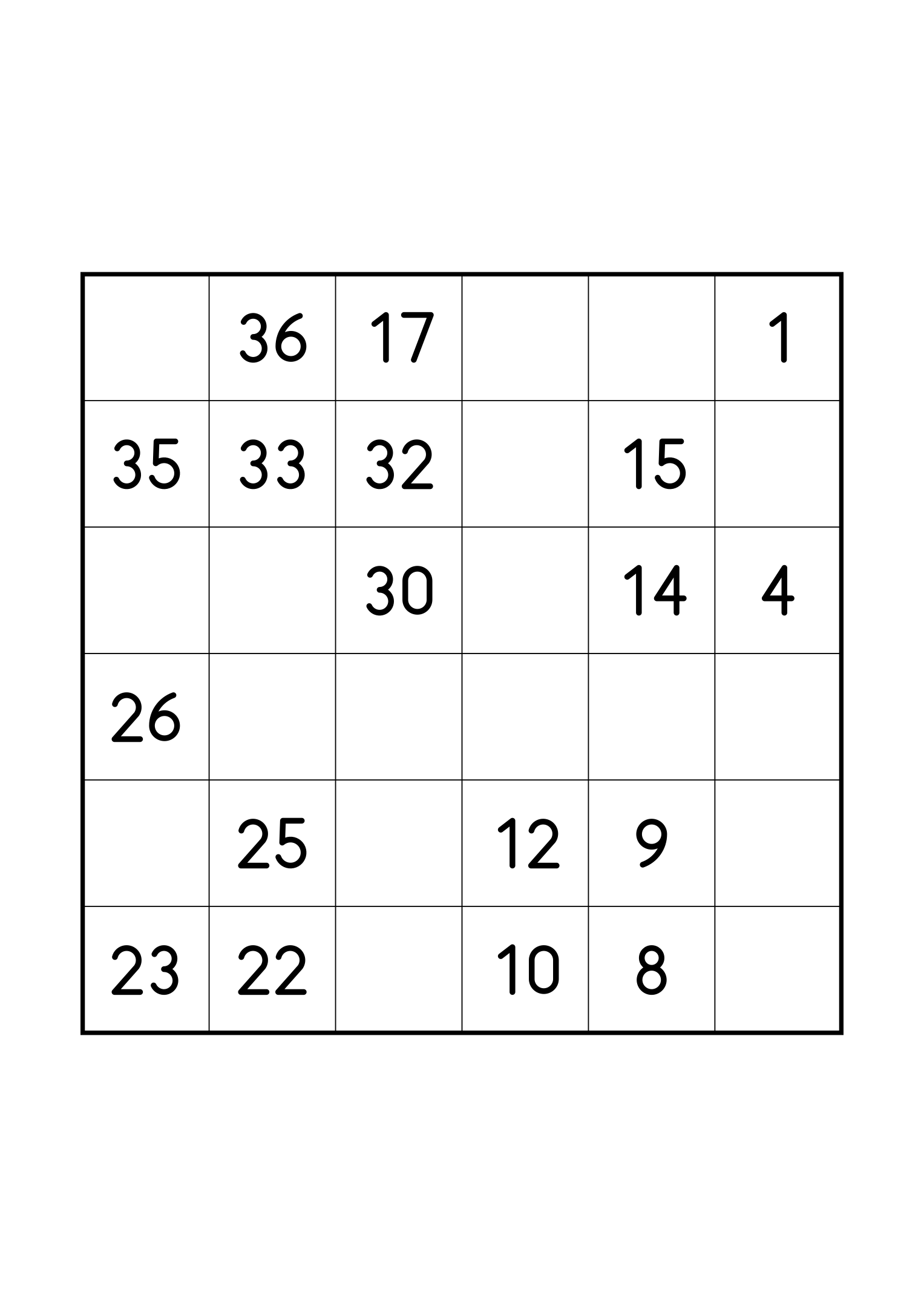 Easy 6x6 Hidoku on its own page: 18 of the 36 numbers given. Variant 6.