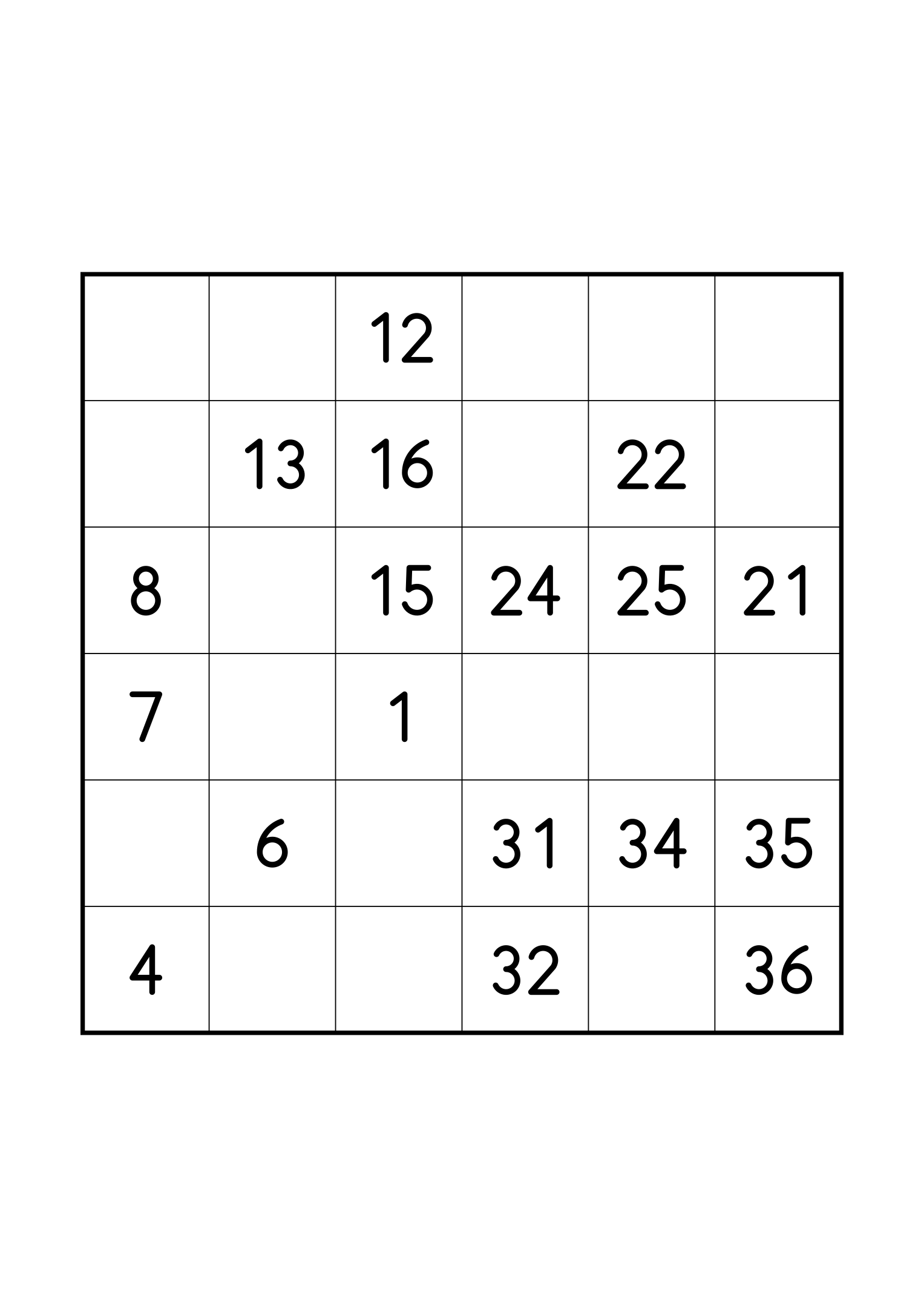 Easy 6x6 Hidoku on its own page: 18 of the 36 numbers given. Variant 7.