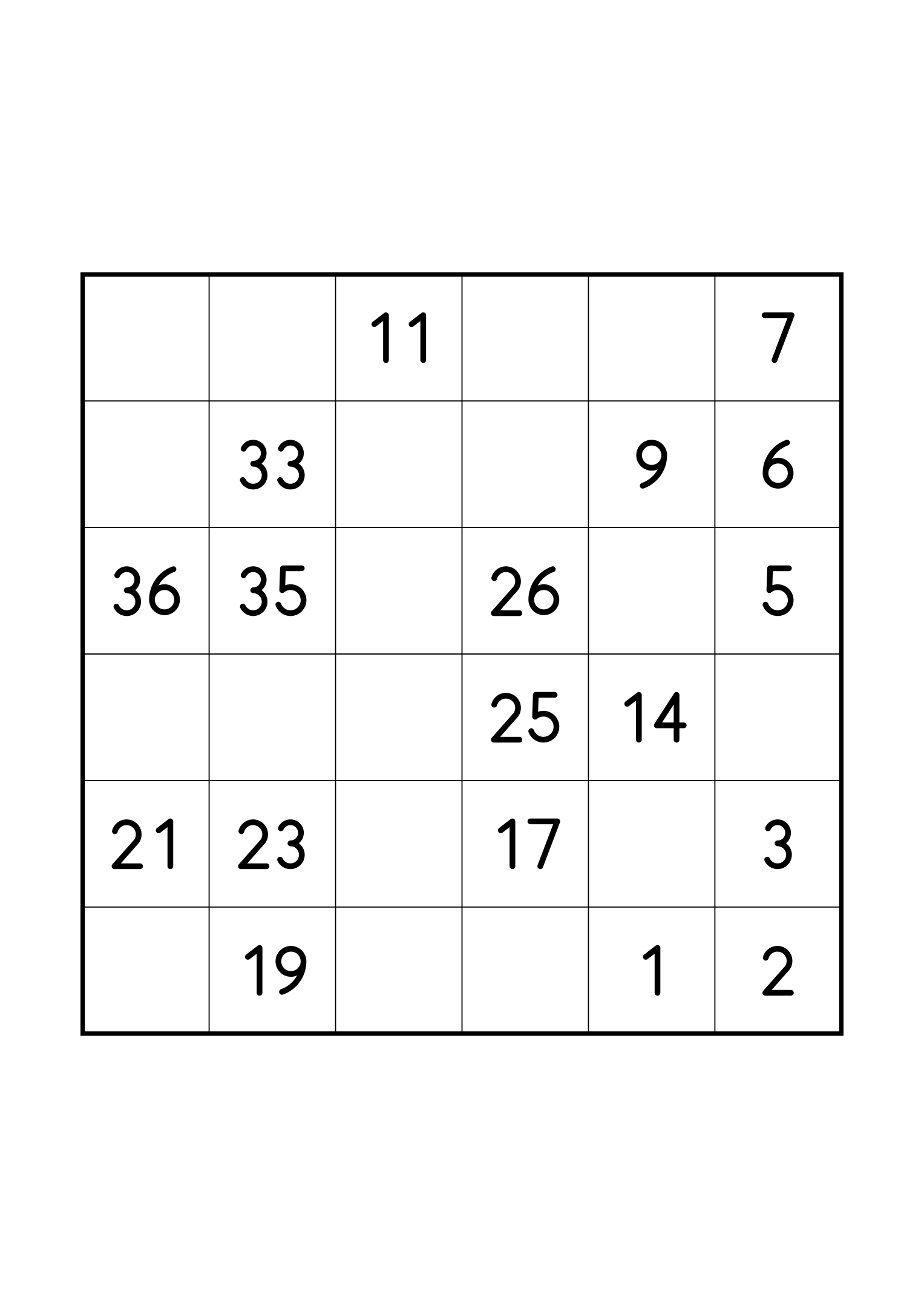 Easy 6x6 Hidoku on its own page: 18 of the 36 numbers given. Variant 8.