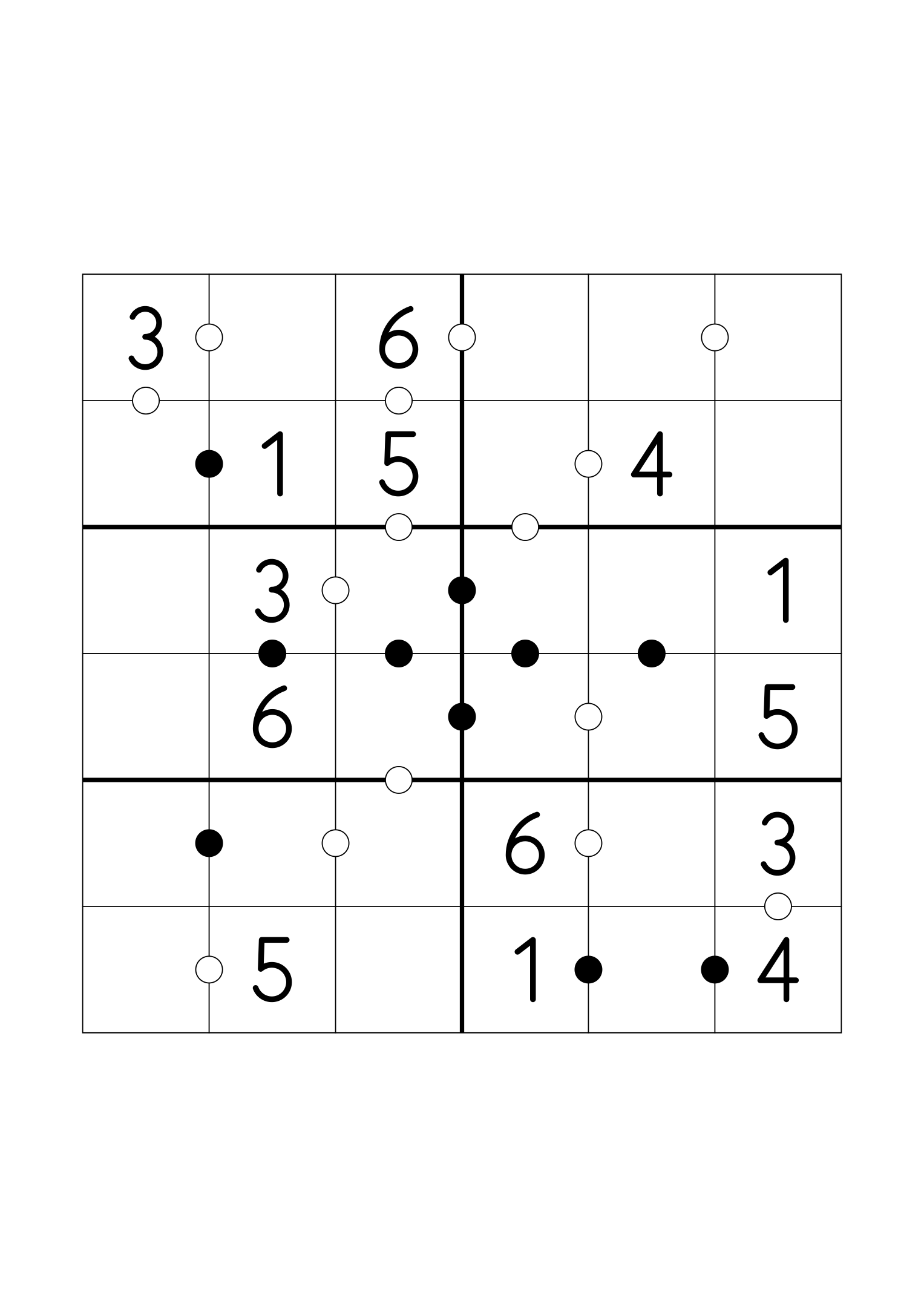 Easy 6x6 Kropki, fourteen digits given and every dot in place. Variant 1.
