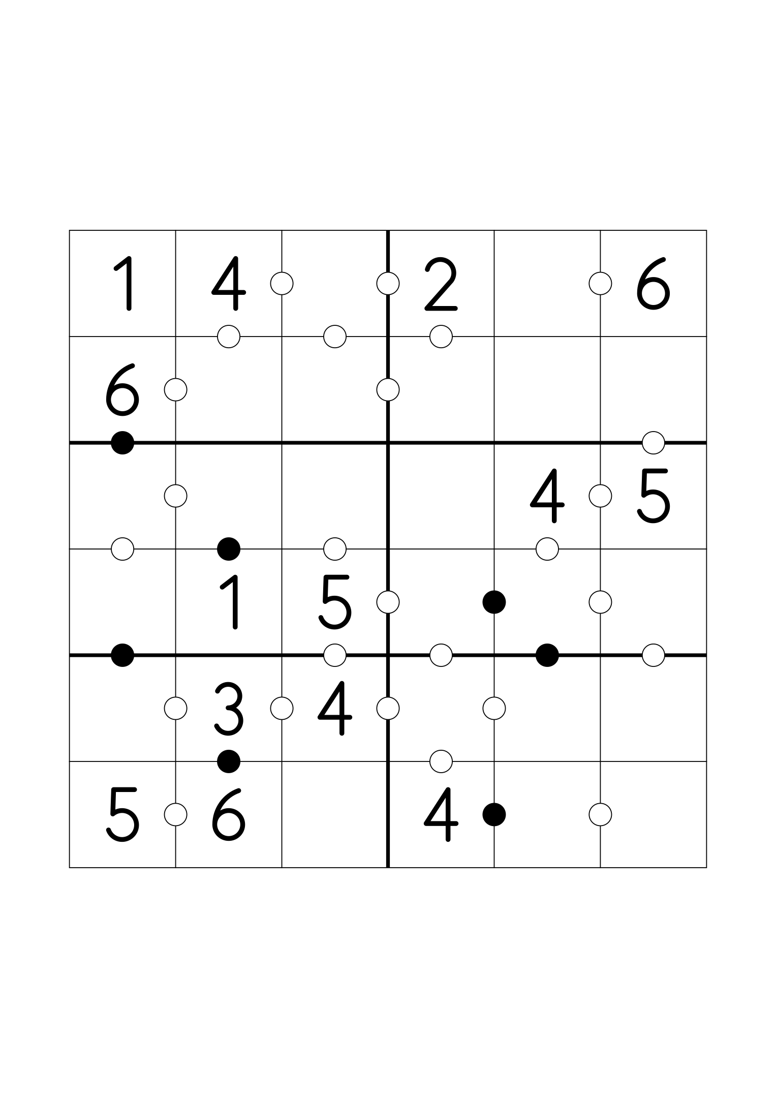 Easy 6x6 Kropki, fourteen digits given and every dot in place. Variant 2.