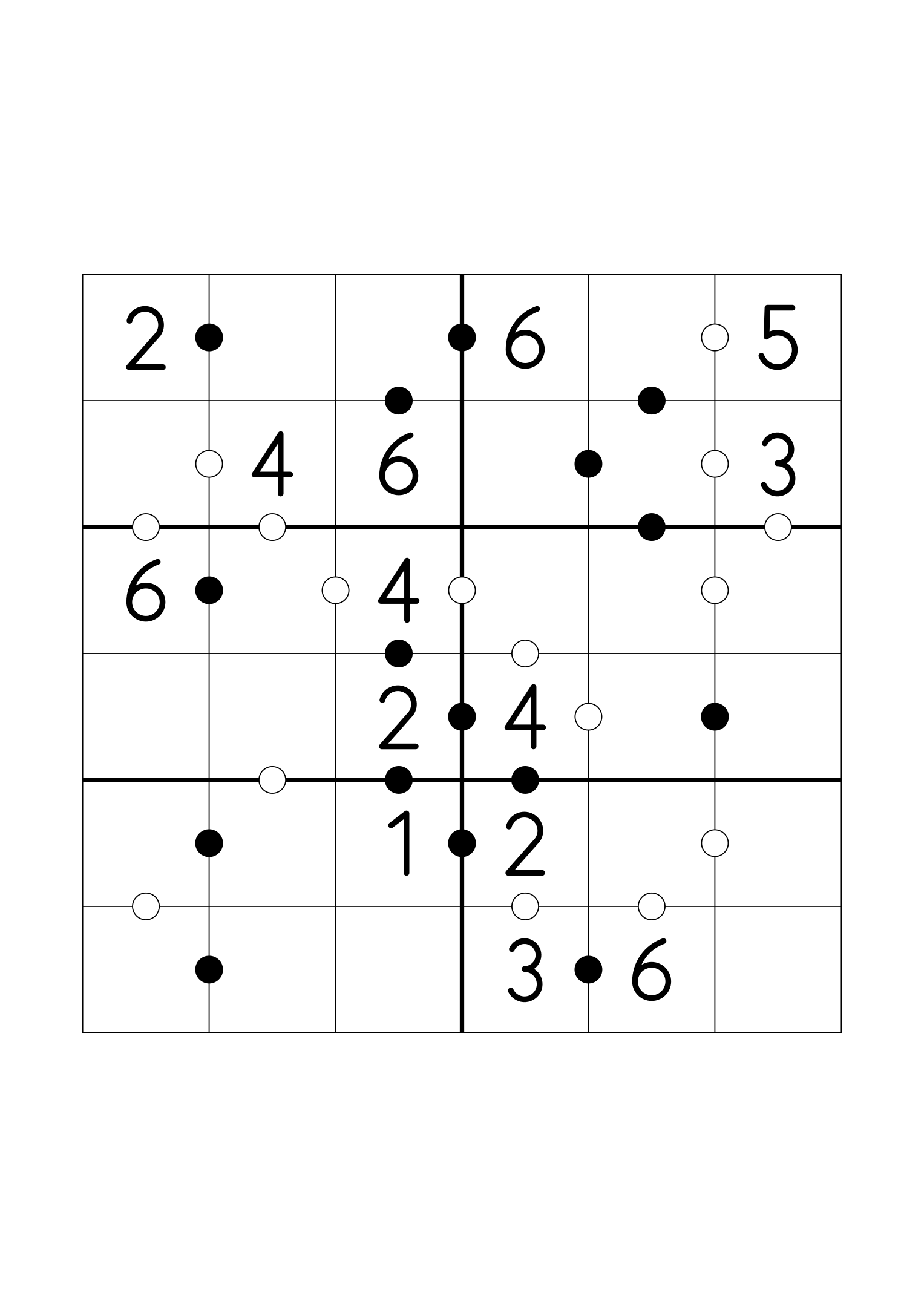 Easy 6x6 Kropki, fourteen digits given and every dot in place. Variant 3.