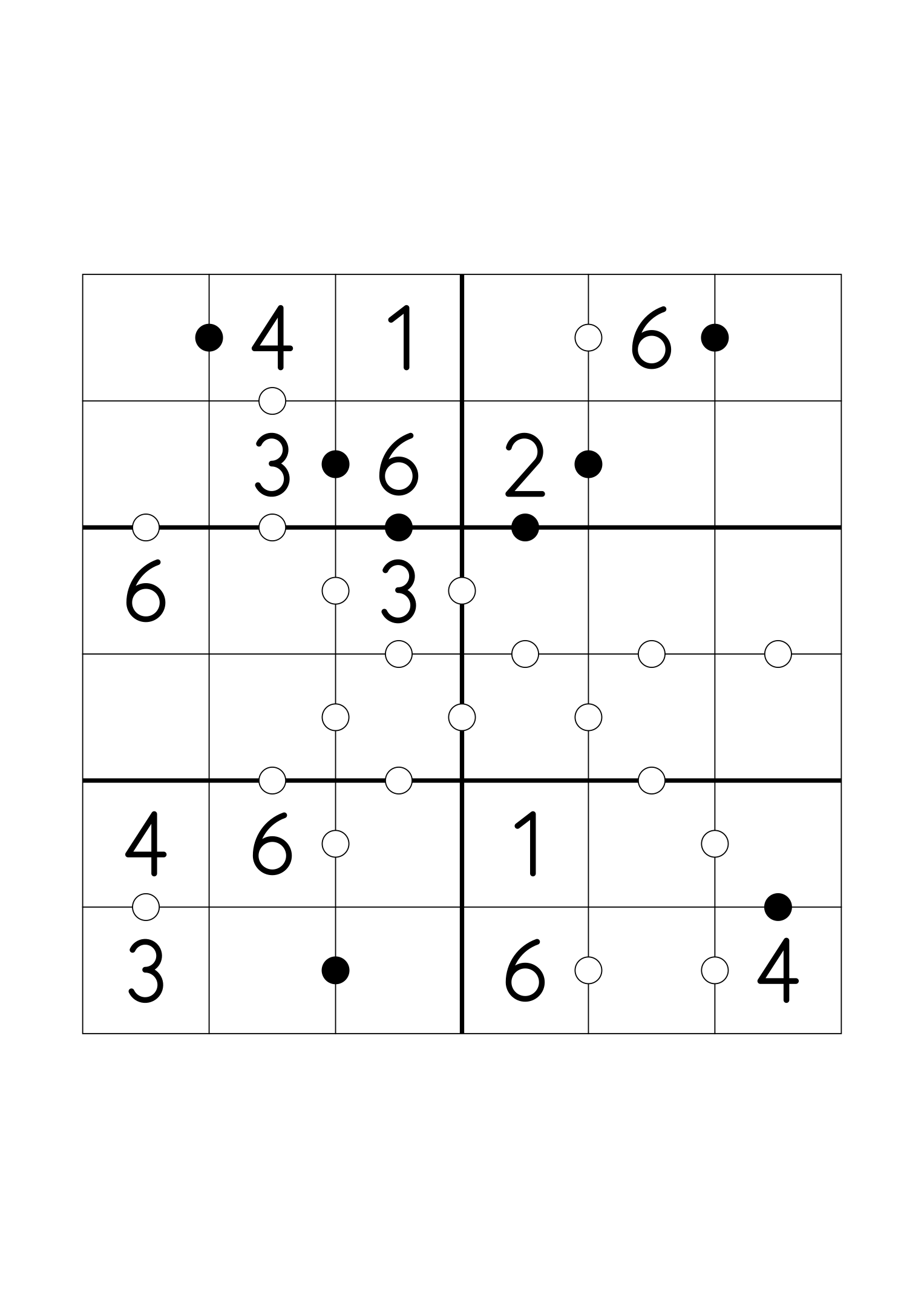 Easy 6x6 Kropki, fourteen digits given and every dot in place. Variant 4.
