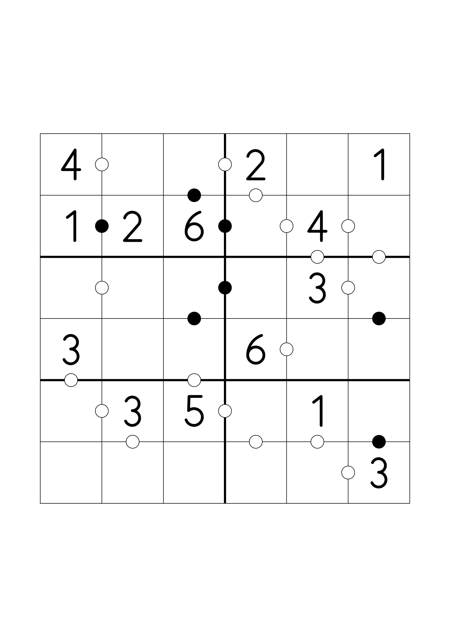 Easy 6x6 Kropki, fourteen digits given and every dot in place. Variant 5.