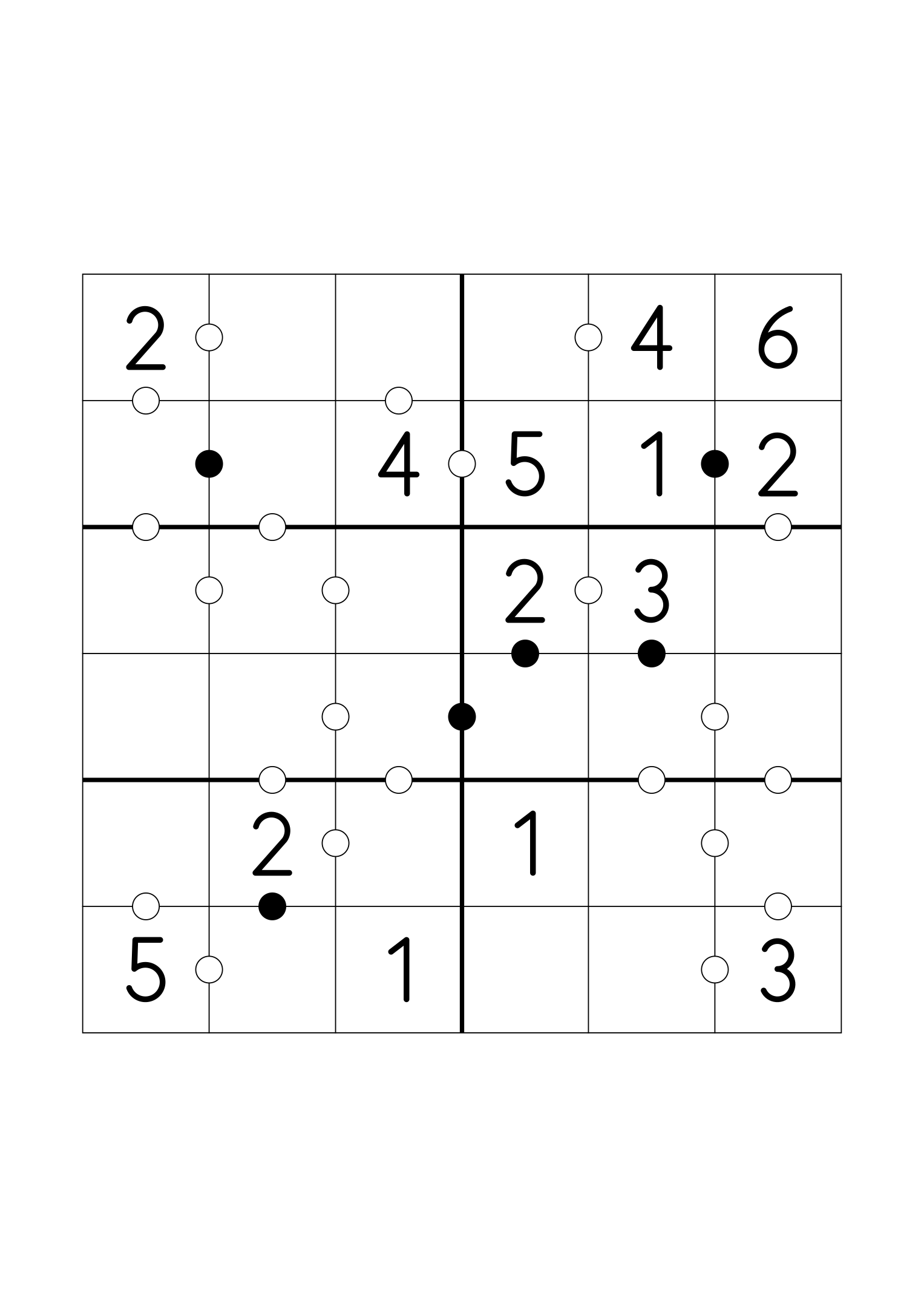 Easy 6x6 Kropki, fourteen digits given and every dot in place. Variant 6.