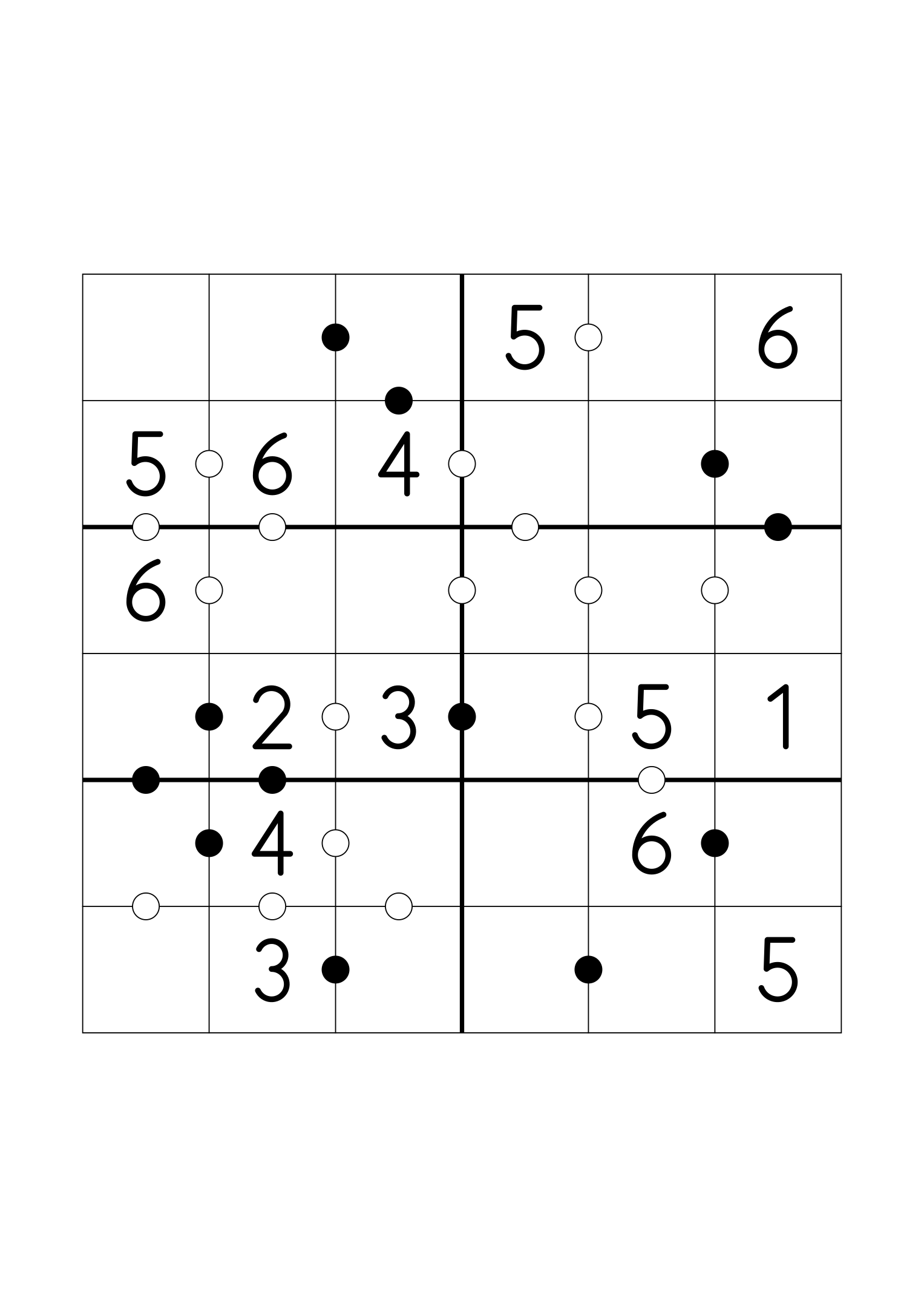Easy 6x6 Kropki, fourteen digits given and every dot in place. Variant 7.