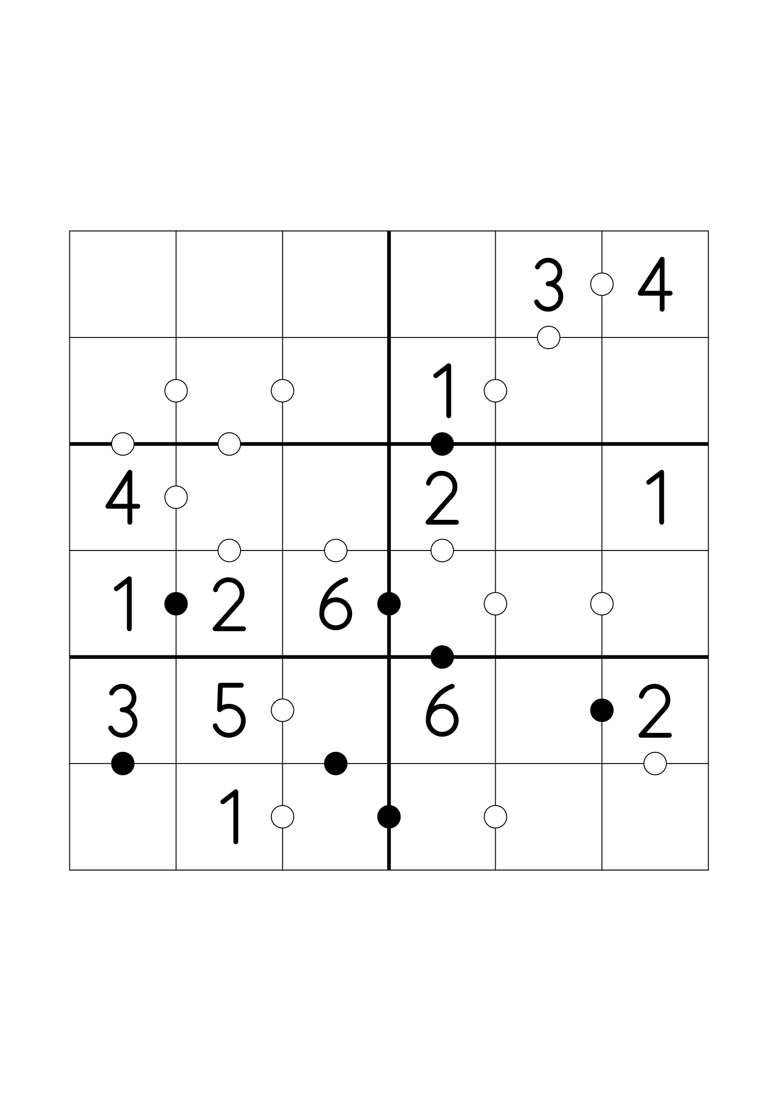 Easy 6x6 Kropki, fourteen digits given and every dot in place. Variant 8.