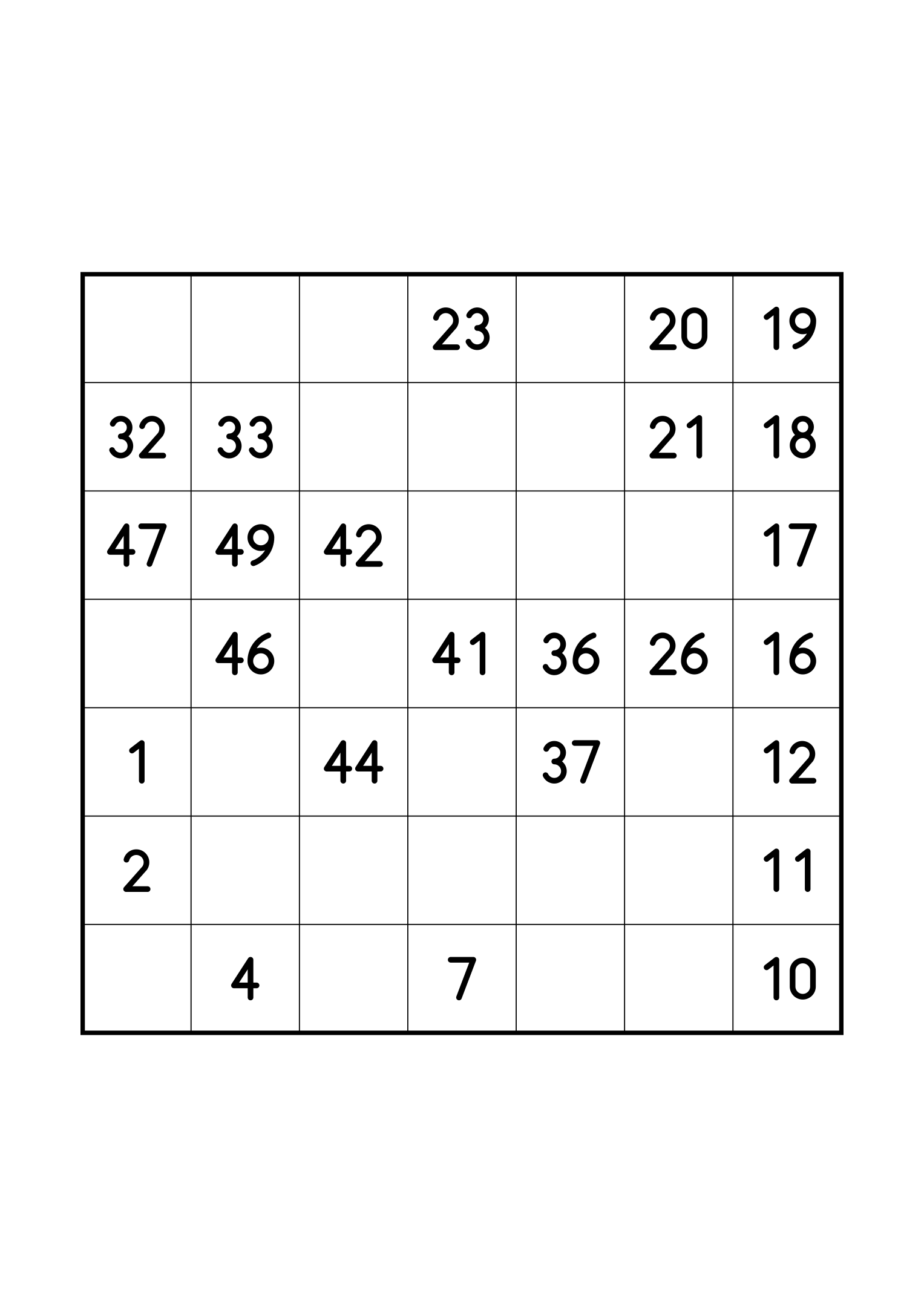 Easy 7x7 Hidoku, one per page: 25 numbers given out of 49. Variant 1.