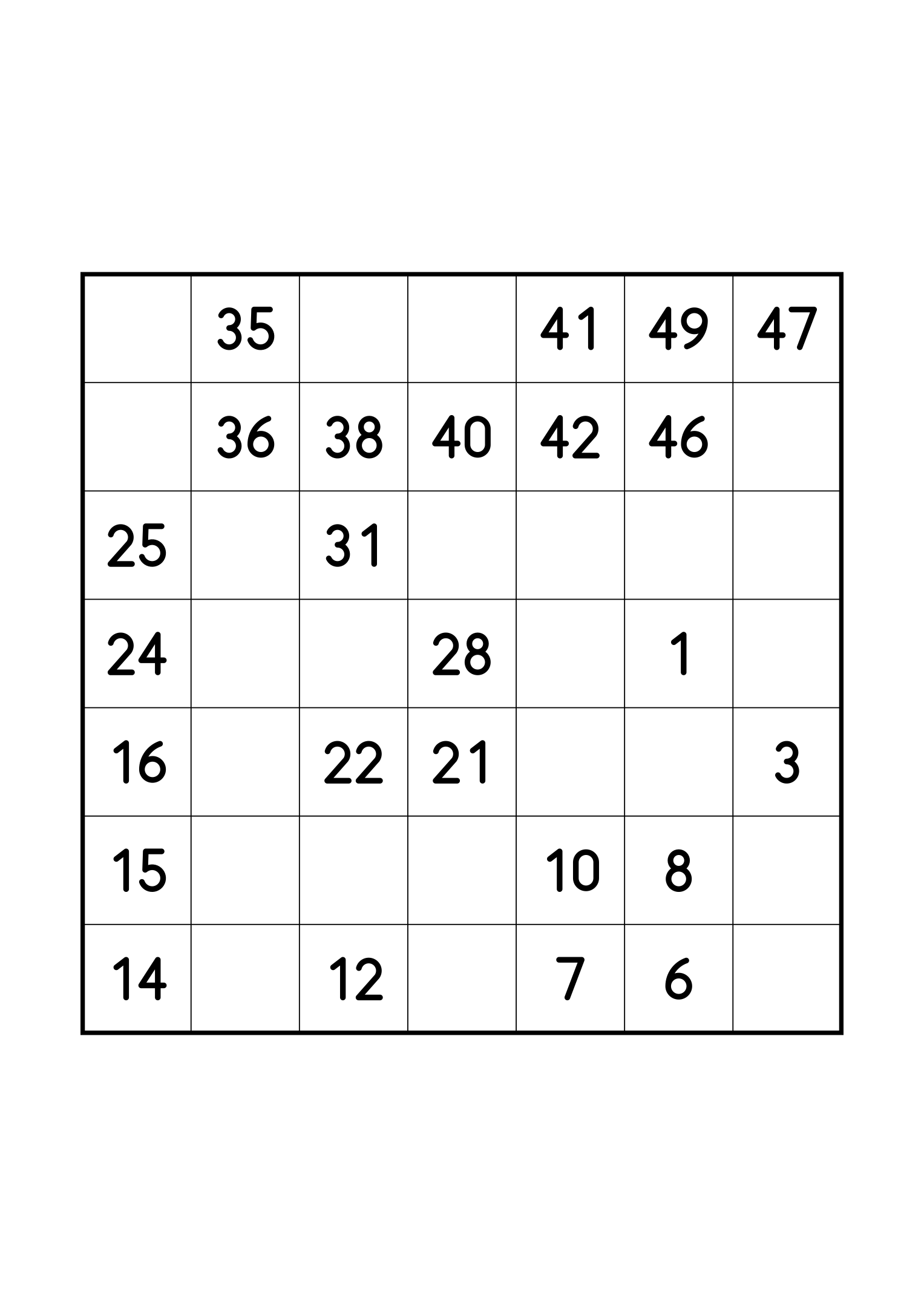 Easy 7x7 Hidoku, one per page: 25 numbers given out of 49. Variant 2.