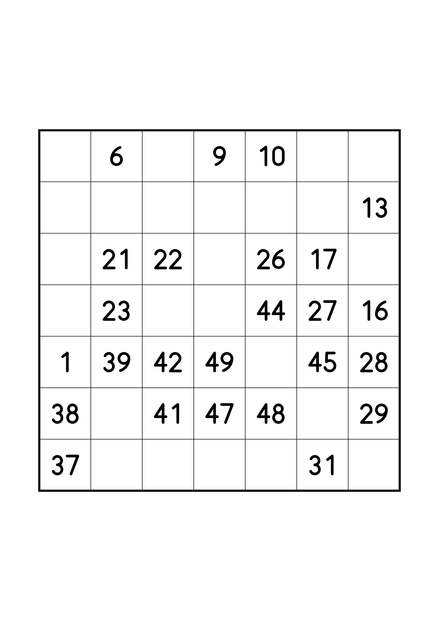 Easy 7x7 Hidoku, one per page: 25 numbers given out of 49. Variant 3.