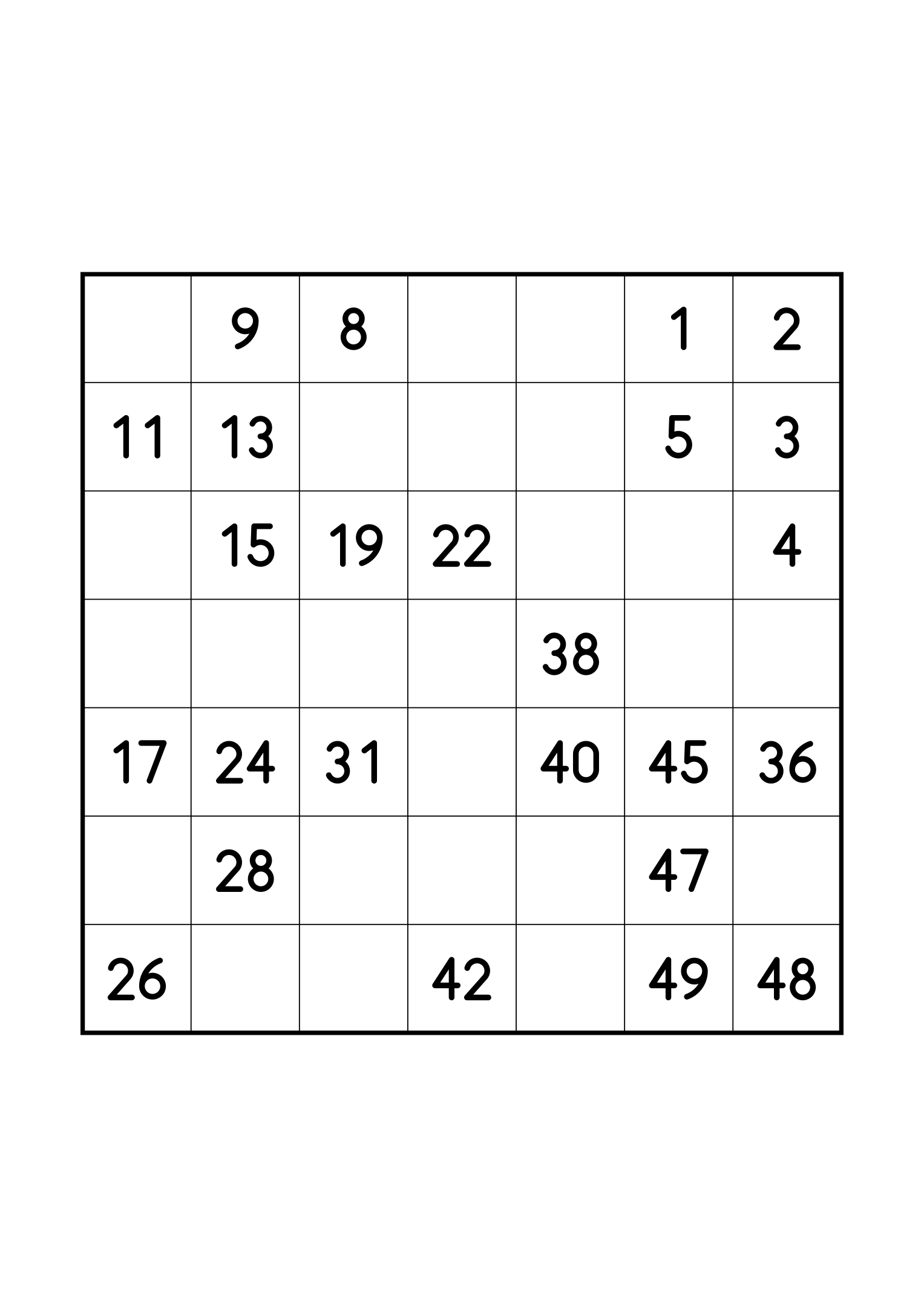 Easy 7x7 Hidoku, one per page: 25 numbers given out of 49. Variant 4.
