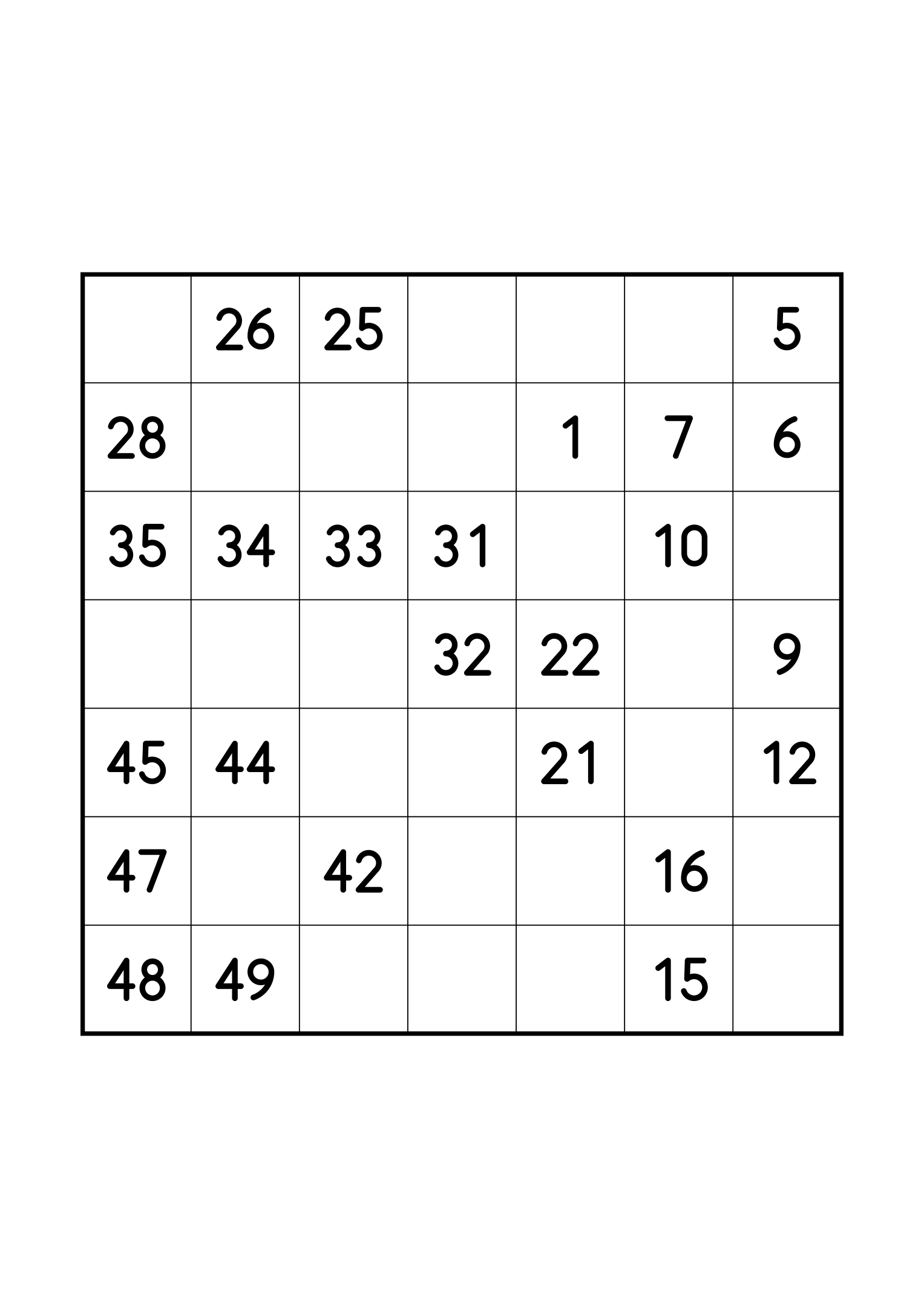 Easy 7x7 Hidoku, one per page: 25 numbers given out of 49. Variant 5.