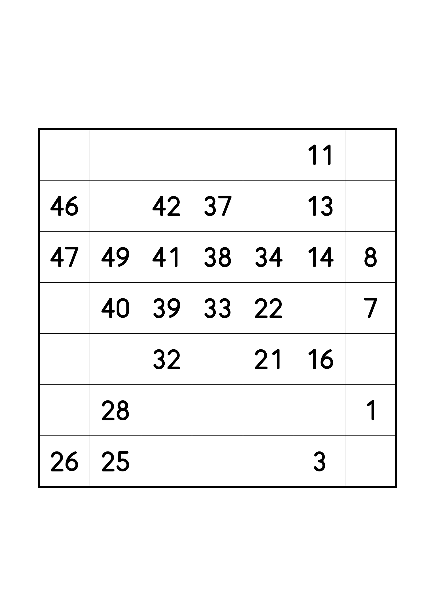 Easy 7x7 Hidoku, one per page: 25 numbers given out of 49. Variant 6.
