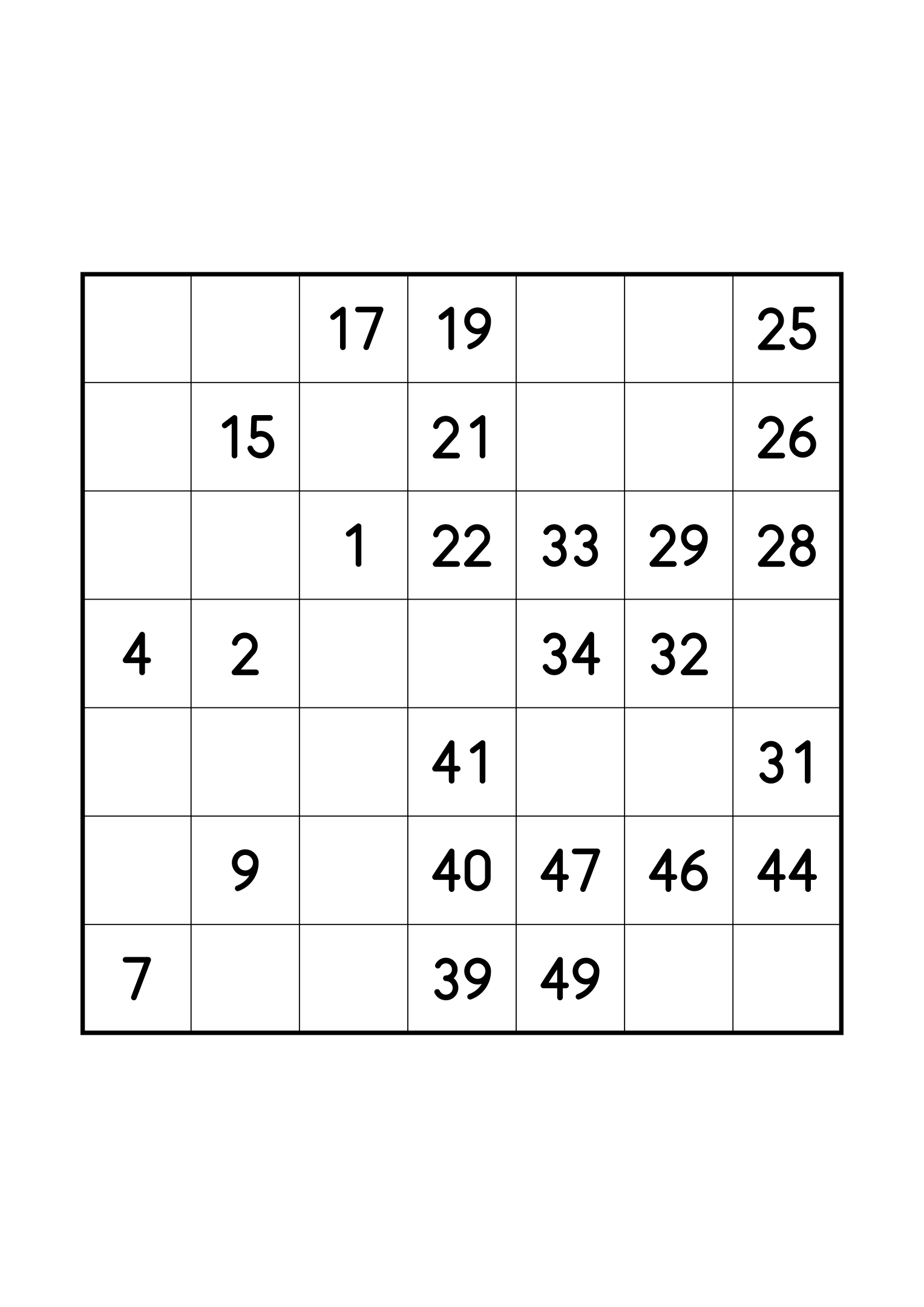 Easy 7x7 Hidoku, one per page: 25 numbers given out of 49. Variant 7.