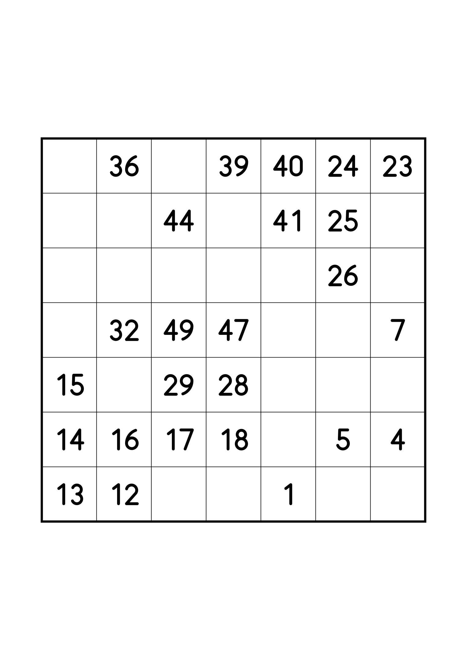 Easy 7x7 Hidoku, one per page: 25 numbers given out of 49. Variant 8.