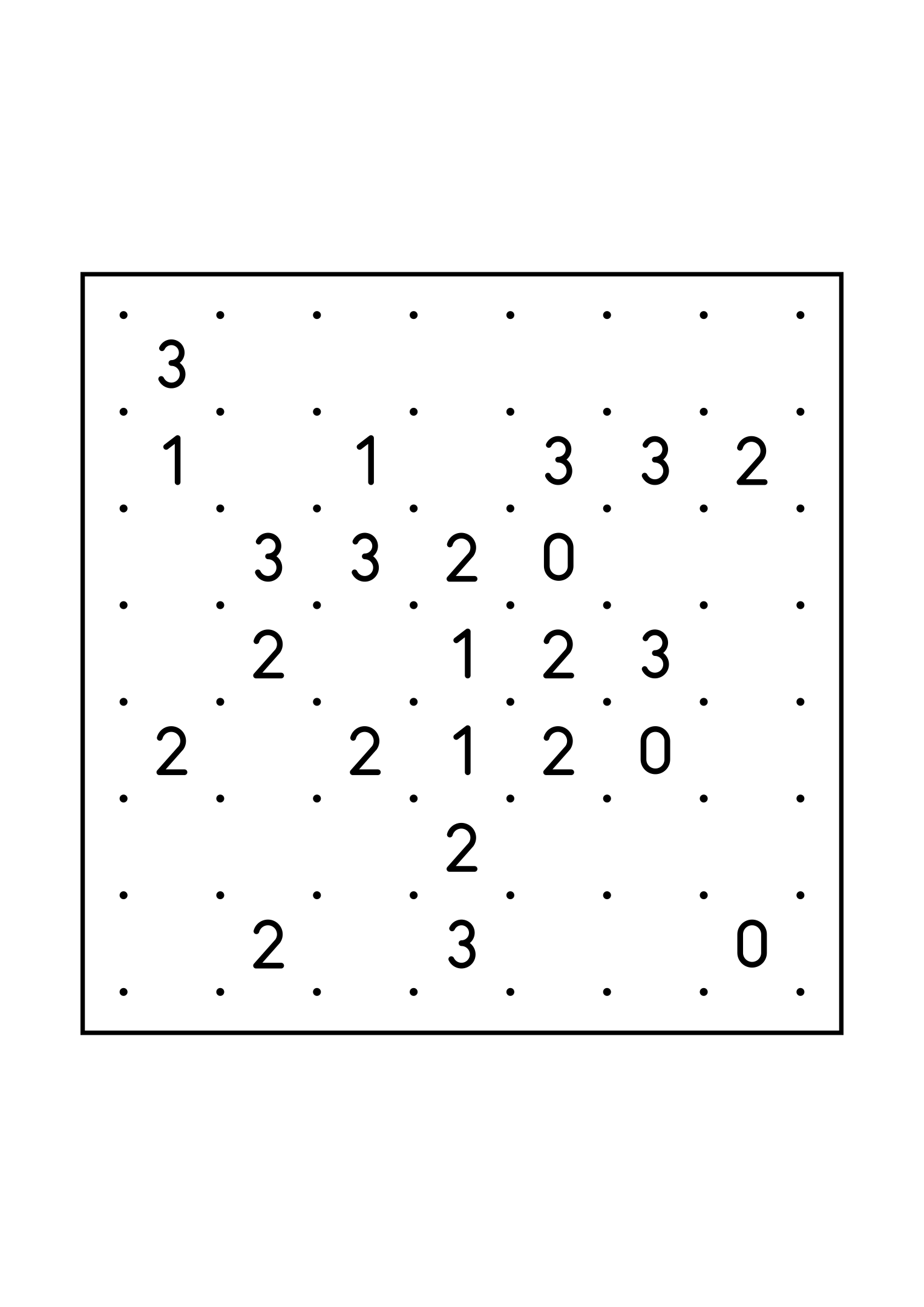 Easy 7x7 slitherlink, with numbers that count their way to the loop, one large grid on the page. Level: Easy. Variant 1.