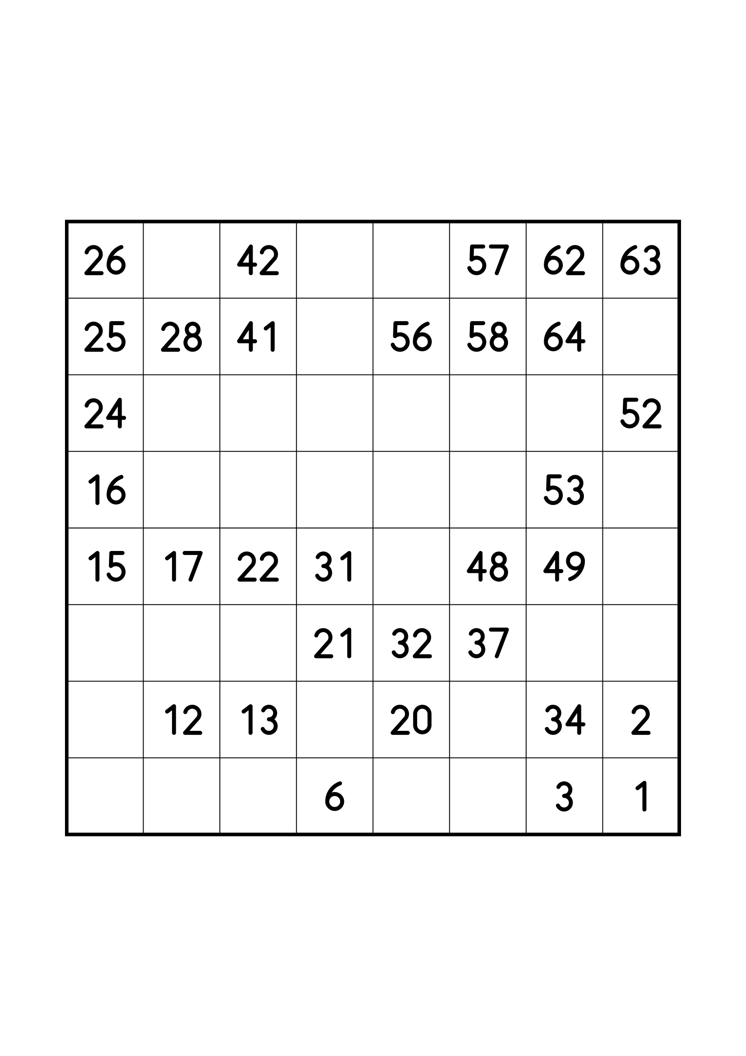 Easy 8x8 Hidoku alone on its page: 32 numbers given out of 64. Variant 1.