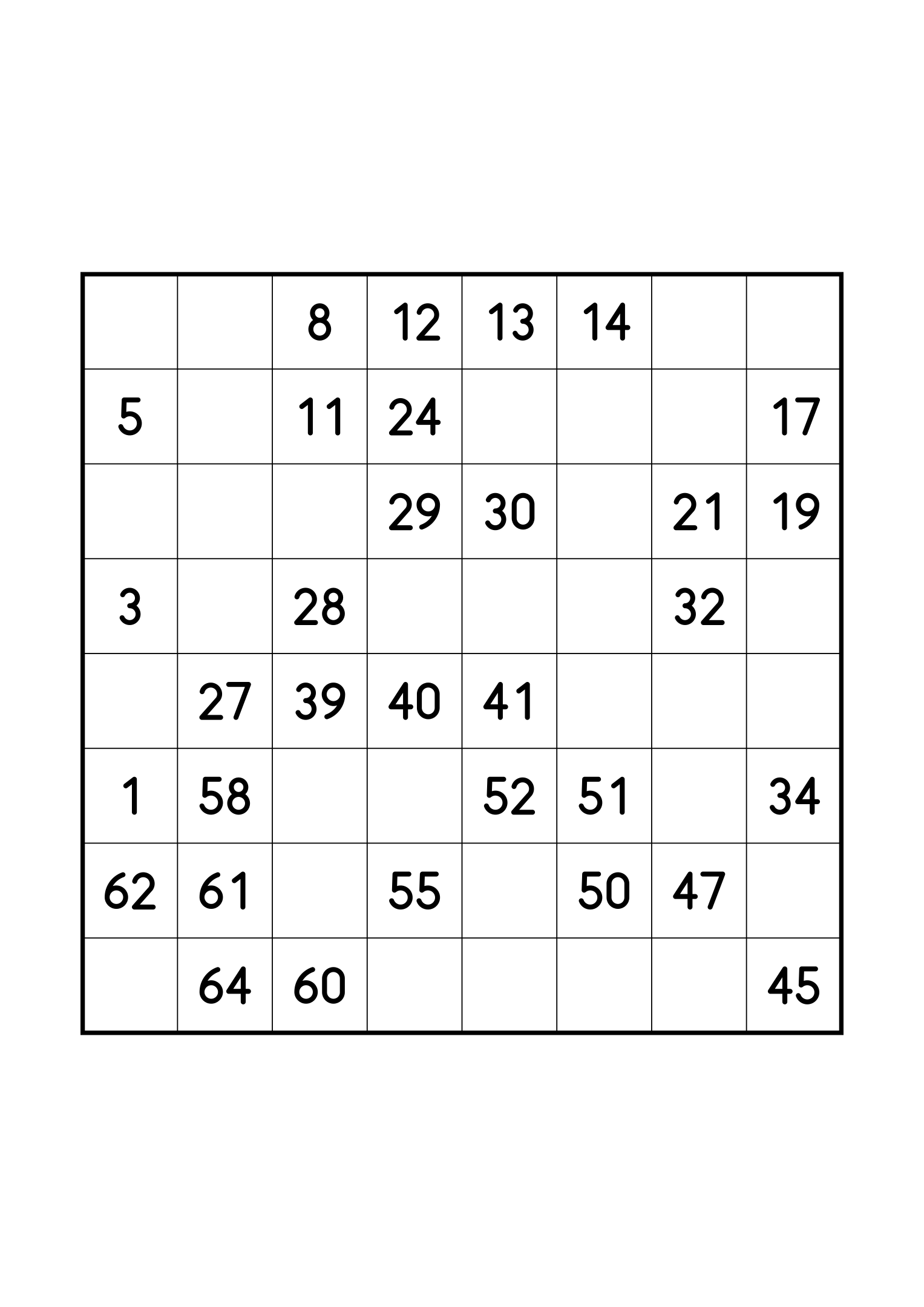Easy 8x8 Hidoku alone on its page: 32 numbers given out of 64. Variant 2.