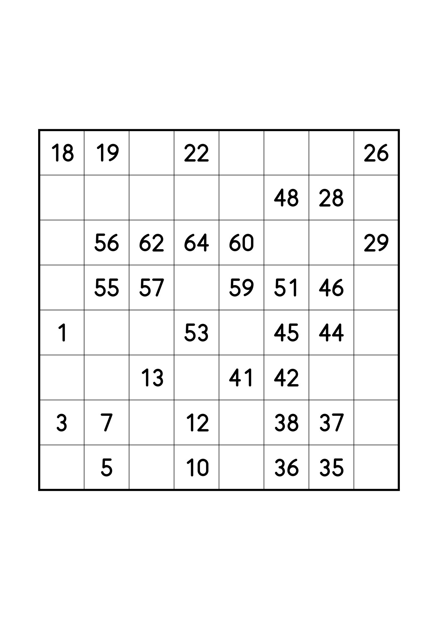 Easy 8x8 Hidoku alone on its page: 32 numbers given out of 64. Variant 5.